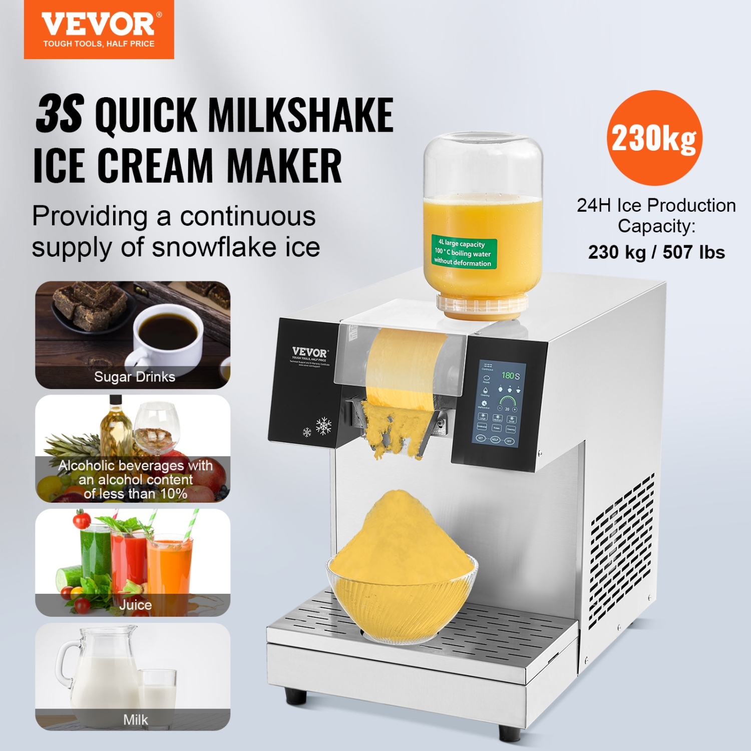 VEVOR 507LBS/24H Commercial Snowflake Ice Machine, Stainless Steel Ice Shaver Machine, Electric Snow Cone Maker, Air Cooling System for Rapid Heat