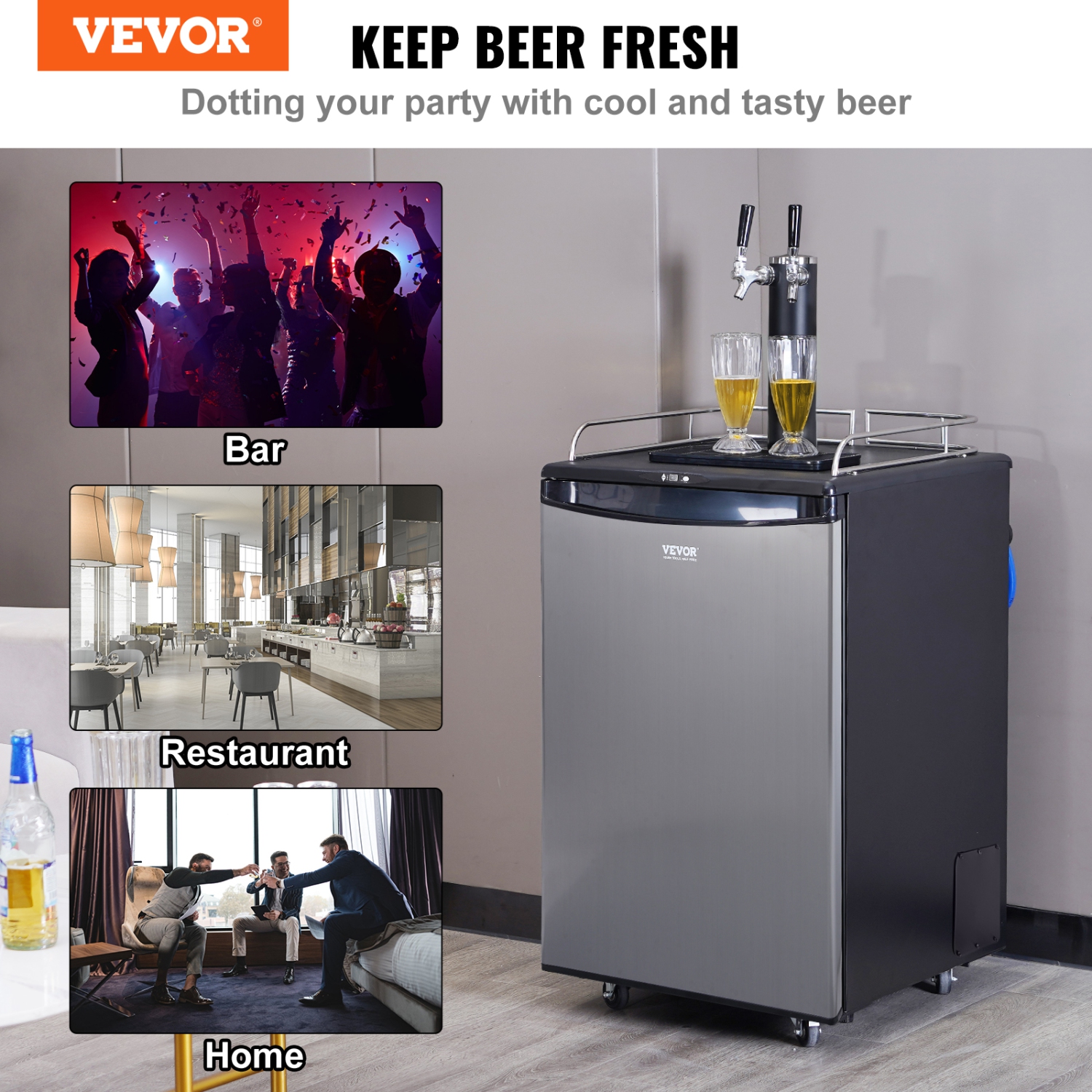 VEVOR Beer Kegerator, Dual Tap Draft, Full Size Keg Refrigerator With Shelves, CO2 Cylinder, Drip Tray & Rail, 32°F-75.2°F Temperature Control, Holds