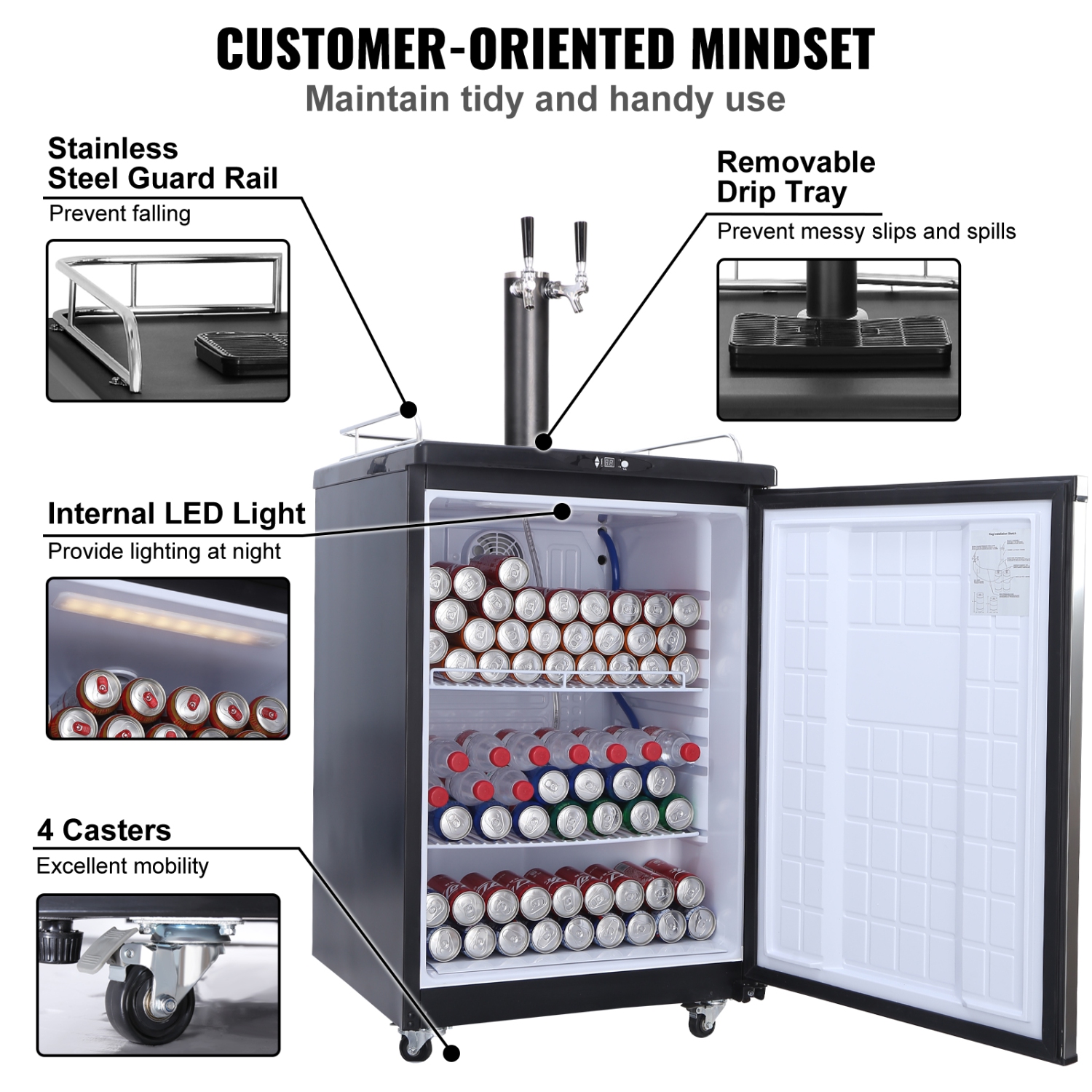 VEVOR Beer Kegerator, Dual Tap Draft, Full Size Keg Refrigerator With Shelves, CO2 Cylinder, Drip Tray & Rail, 32°F-75.2°F Temperature Control, Holds