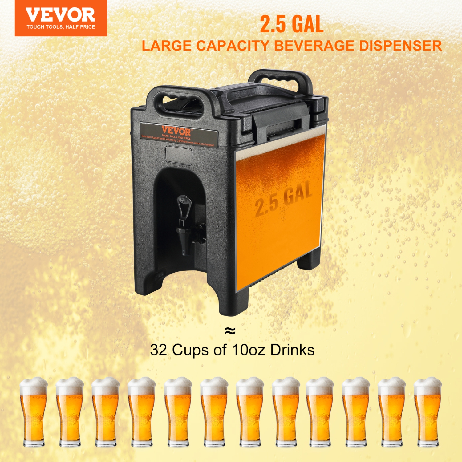 VEVOR Insulated Beverage Dispenser, 2.5 Gallon, Food-grade LDPE Hot and Cold Beverage Server, Thermal Drink Dispenser Cooler with 0.9 in PU Layer