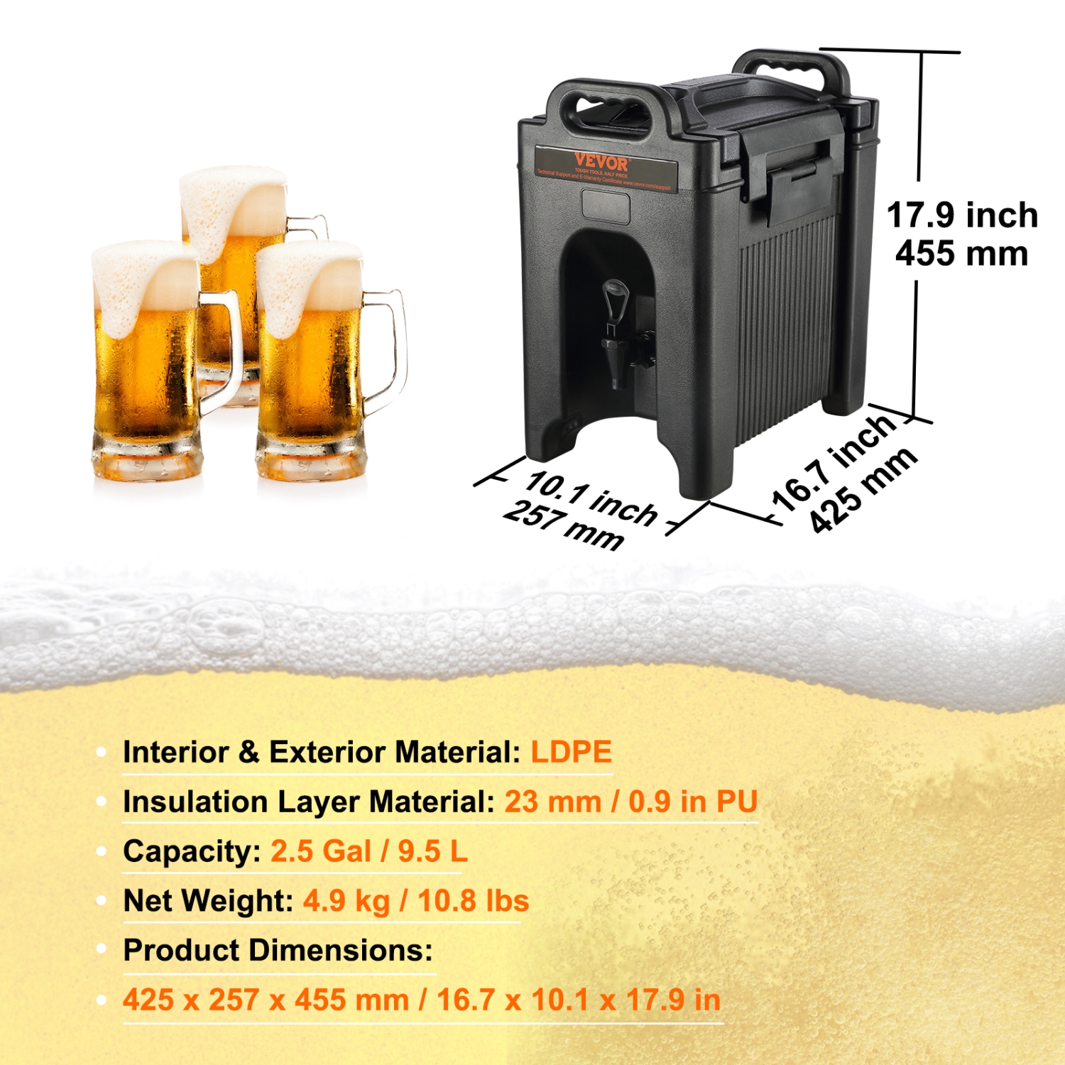 VEVOR Insulated Beverage Dispenser, 2.5 Gallon, Food-grade LDPE Hot and Cold Beverage Server, Thermal Drink Dispenser Cooler with 0.9 in PU Layer