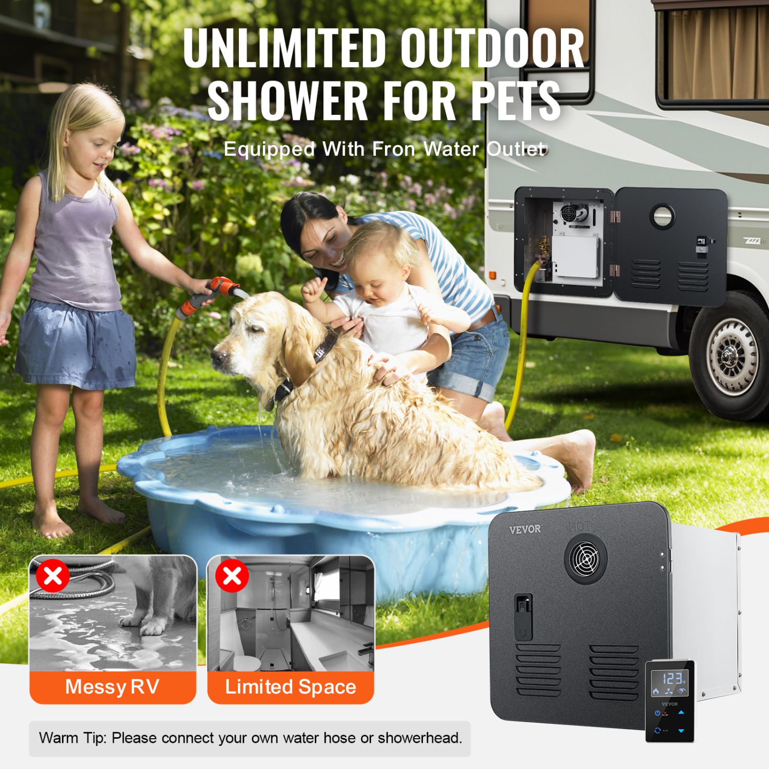 Chauffe-eau VEVOR VR sans réservoir, douche instantanée avec porte noire de 15 x 15&nbsp;po et télécommande, eau chaude 42000&nbsp;BTU, confort