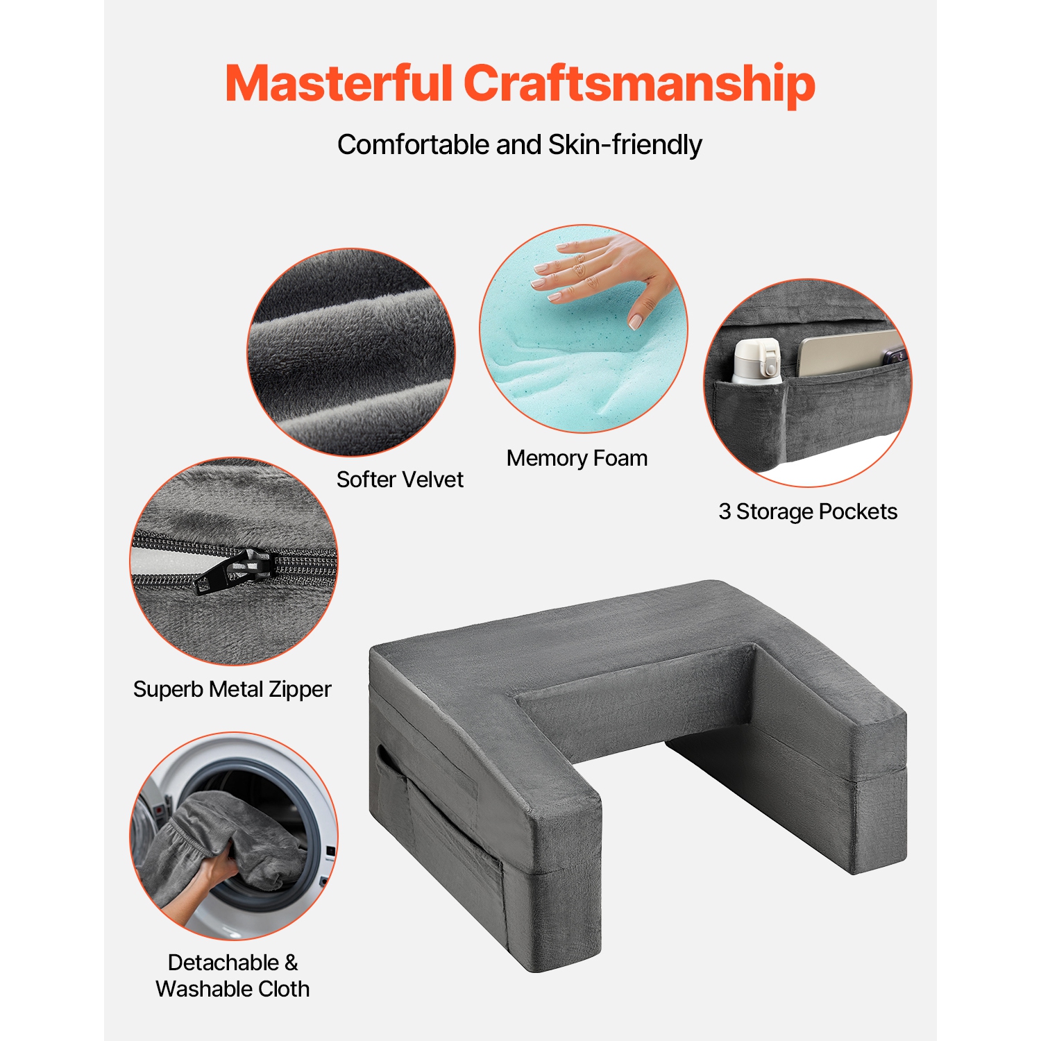 Coussin de lecture VEVOR à 2 pochettes, oreiller de bureau avec tissu lavable, grand oreiller avec porte-gobelet, support de lit en mousse à mémoire