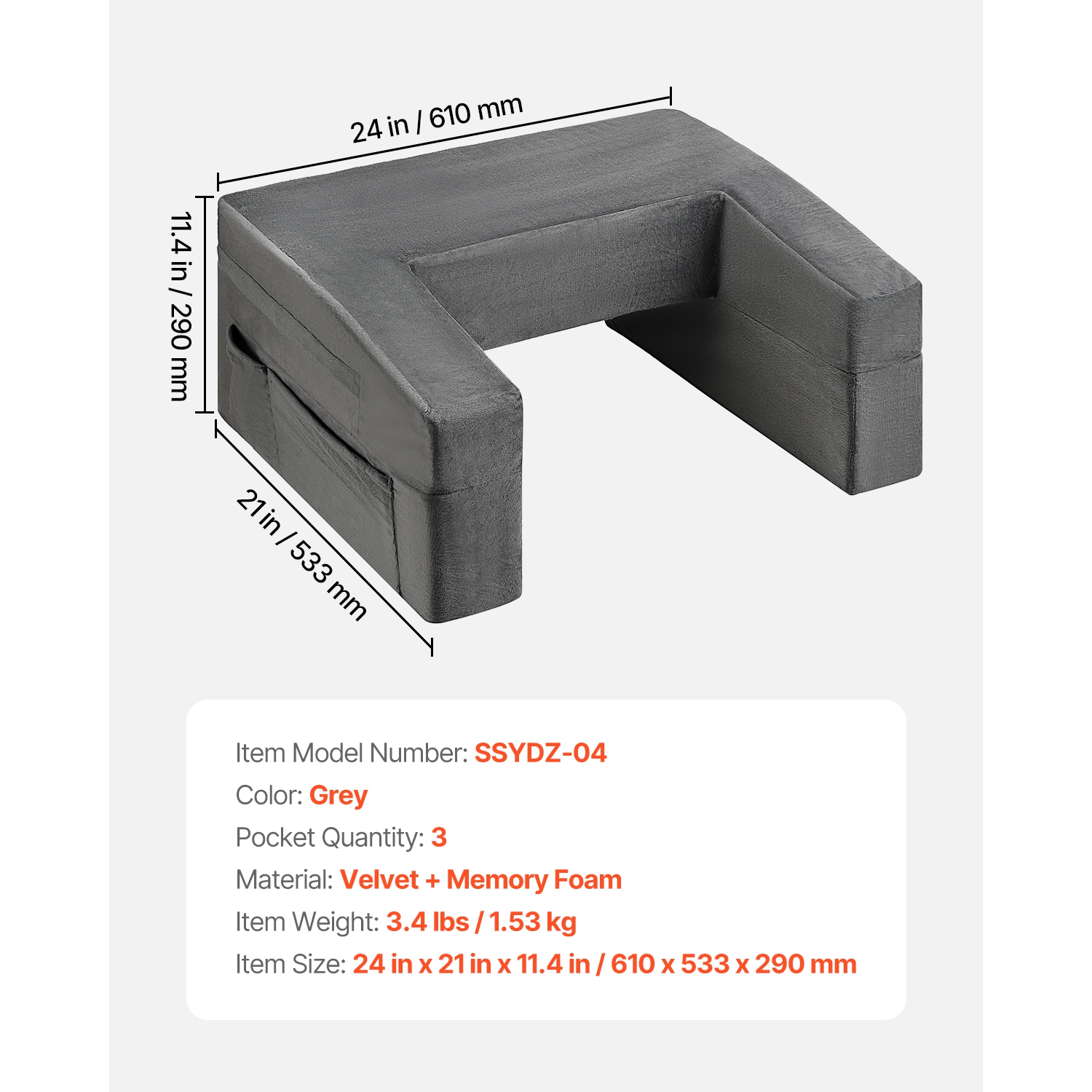 Coussin de lecture VEVOR à 2 pochettes, oreiller de bureau avec tissu lavable, grand oreiller avec porte-gobelet, support de lit en mousse à mémoire