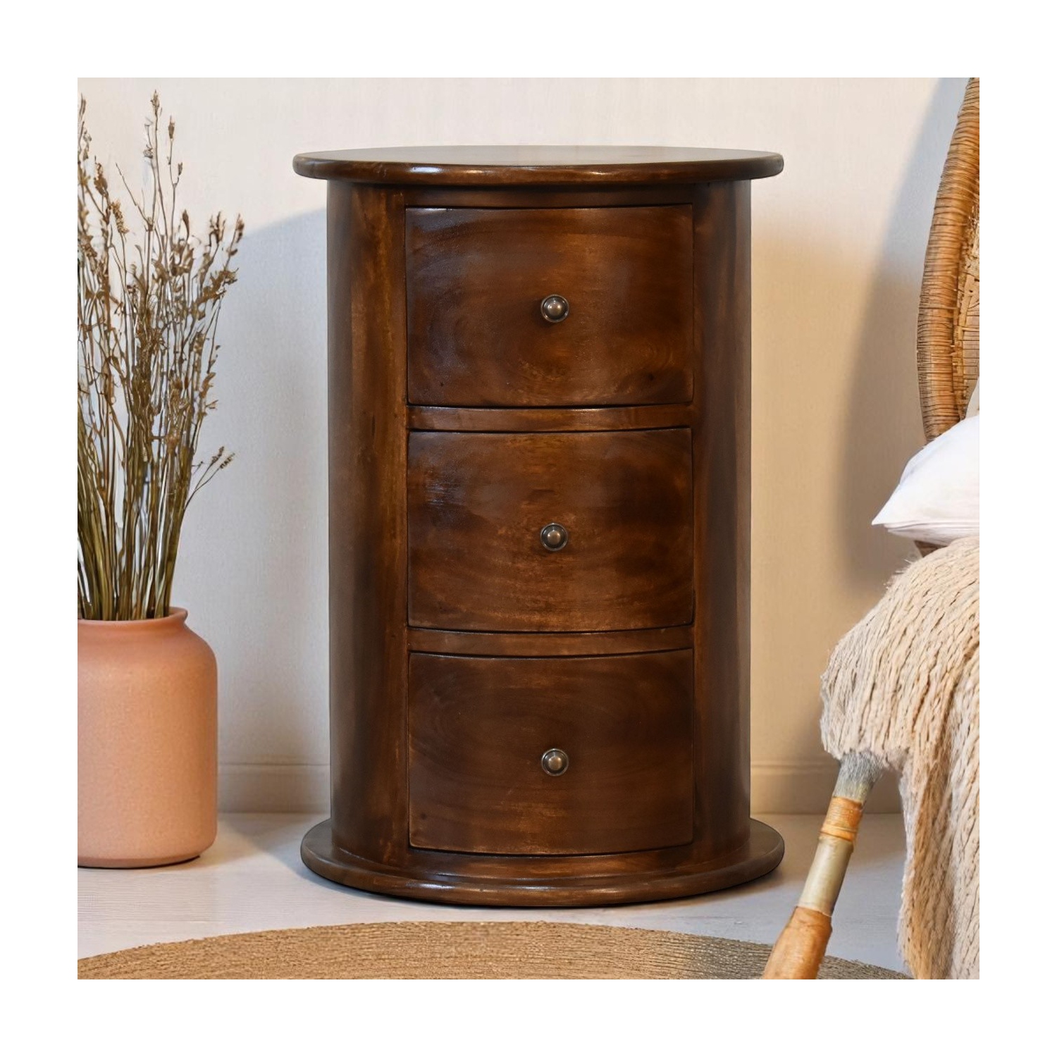 Artisan Furniture – Baril marron à 3 tiroirs en bois massif