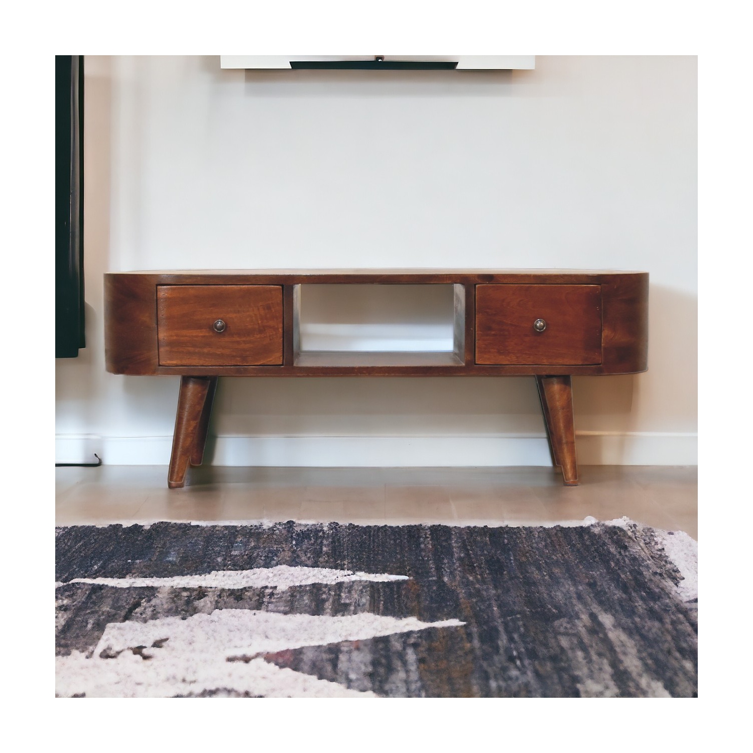 Artisan Furniture – Table basse ronde en bois massif à 2 tiroirs avec fente ouverte, marron