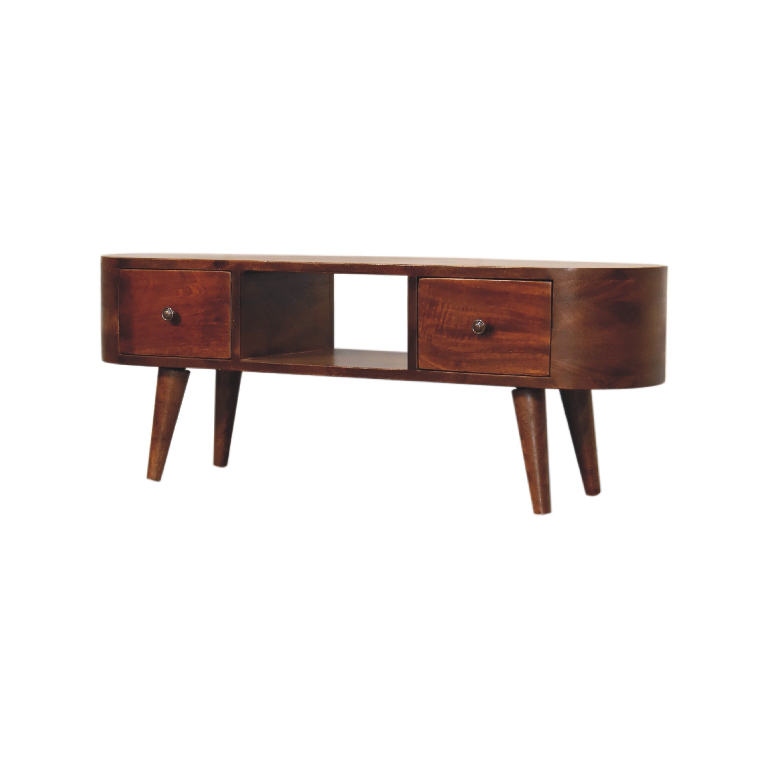 Artisan Furniture – Table basse ronde en bois massif à 2 tiroirs avec fente ouverte, marron