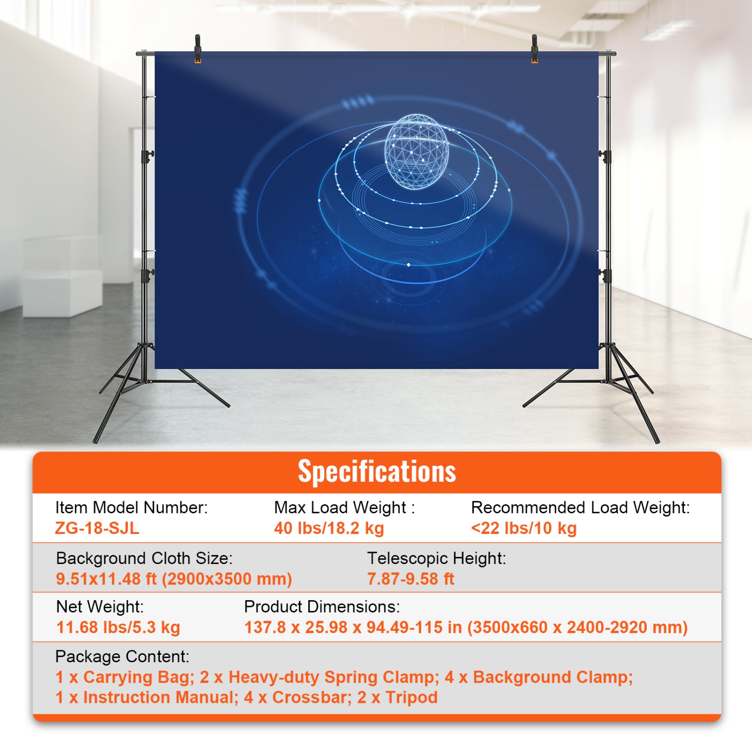 VEVOR 12 x 10 ft Heavy Duty Backdrop Stand, Height Adjustable Photography Backdrop Stand, Background Support System with 6 Clamps and A Carry Bag,