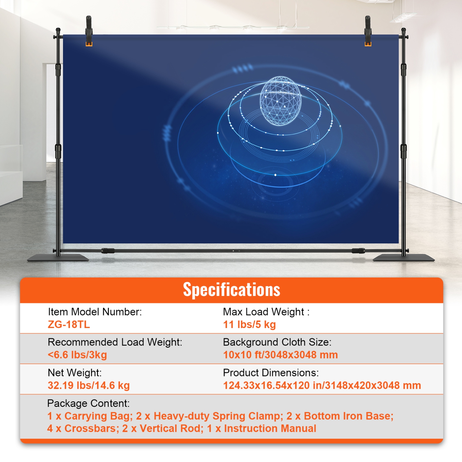 VEVOR 10ft x 10ft Pipe and Drape Kit, Heavy Duty Backdrop Stand with Carbon Steel Base, Adjustable Backdrop Support with 6 Clamps and A Carry Bag for