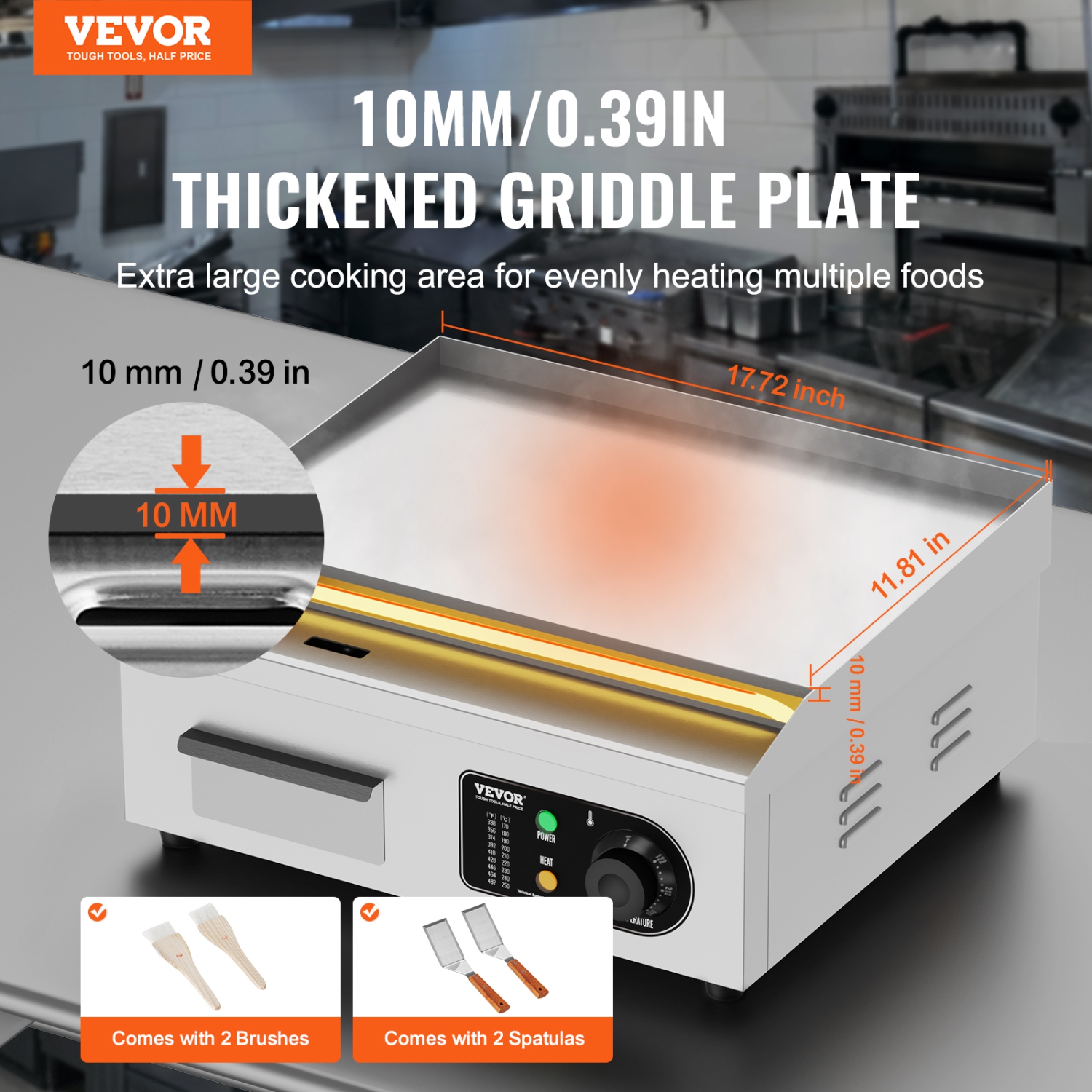 VEVOR 17.72x11.81x0.39 in Commercial Electric Griddle, 1700W Countertop Flat Top Grill, 122℉-572 ℉ Adjustable Temp, Stainless Steel Griddle Grill