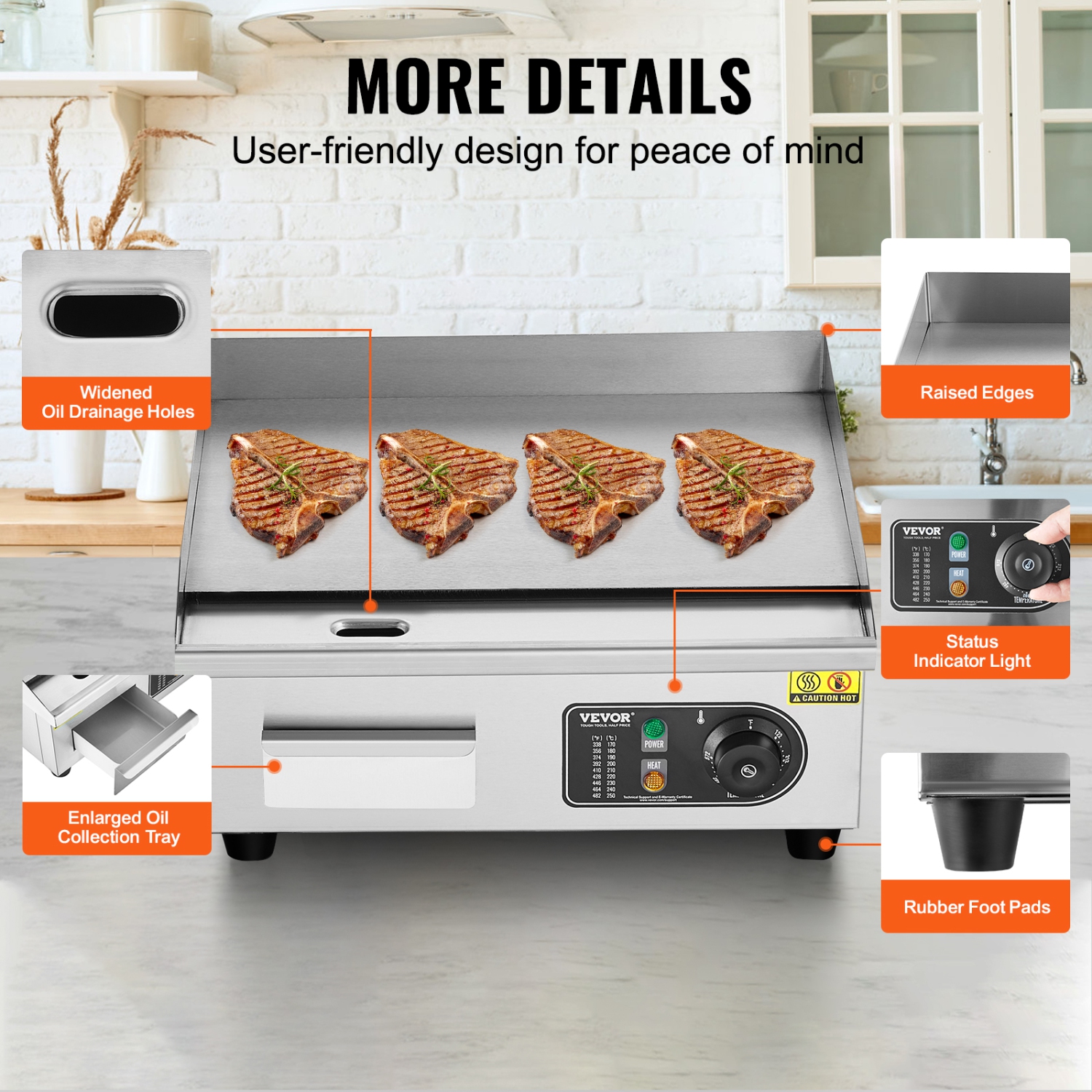 VEVOR 17.72x11.81x0.39 in Commercial Electric Griddle, 1700W Countertop Flat Top Grill, 122℉-572 ℉ Adjustable Temp, Stainless Steel Griddle Grill