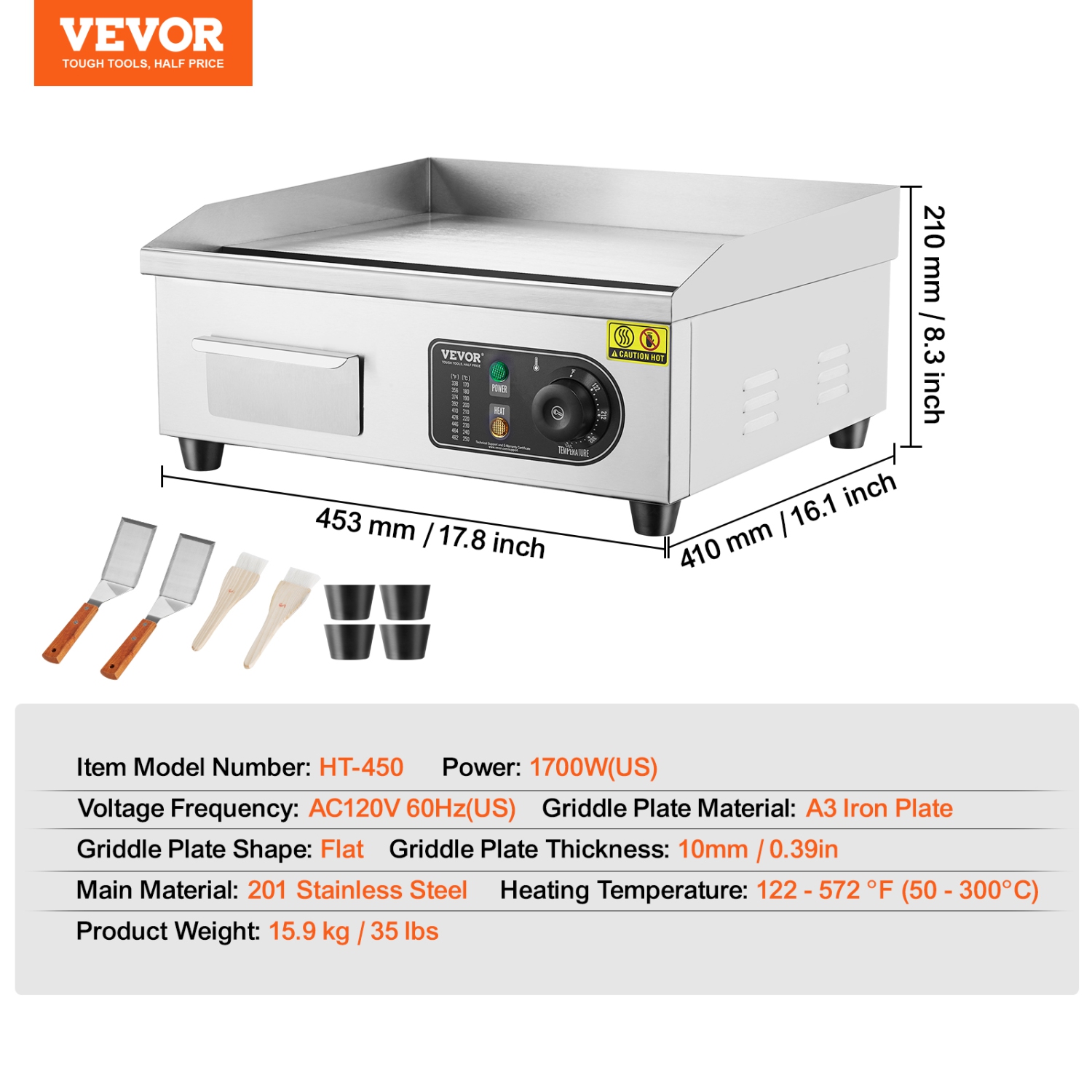 VEVOR 17.72x11.81x0.39 in Commercial Electric Griddle, 1700W Countertop Flat Top Grill, 122℉-572 ℉ Adjustable Temp, Stainless Steel Griddle Grill