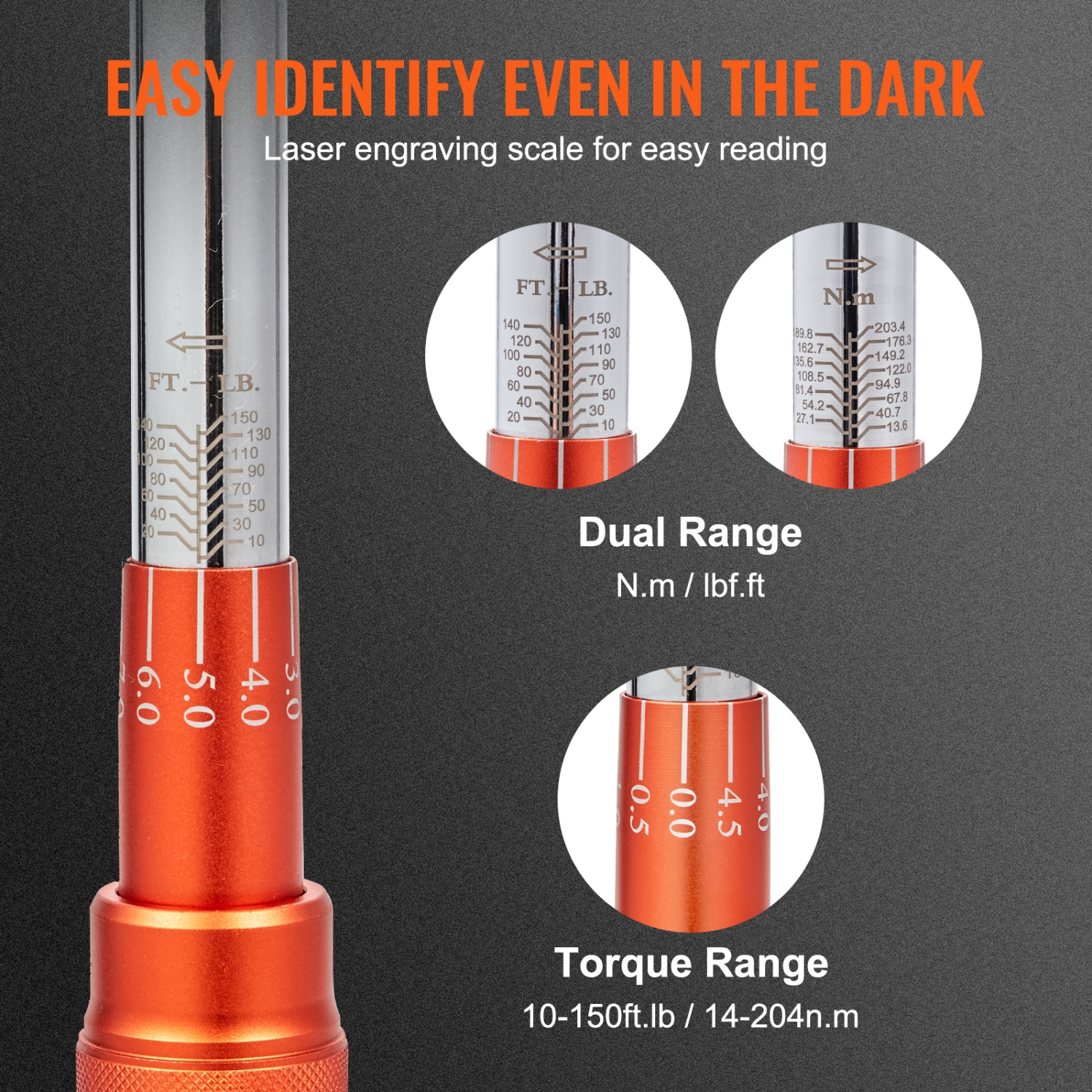 Clé dynamométrique VEVOR 10-150&nbsp;pi.lb/14-204n.m, clé dynamométrique à cliquet 1/2-in, jeu de clés dynamométriques à réglage bidirectionnel, jeu