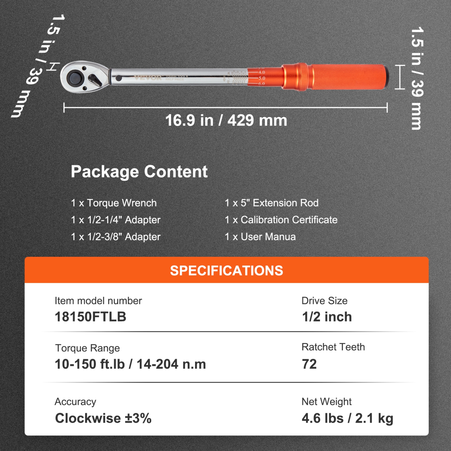 Clé dynamométrique VEVOR 10-150&nbsp;pi.lb/14-204n.m, clé dynamométrique à cliquet 1/2-in, jeu de clés dynamométriques à réglage bidirectionnel, jeu