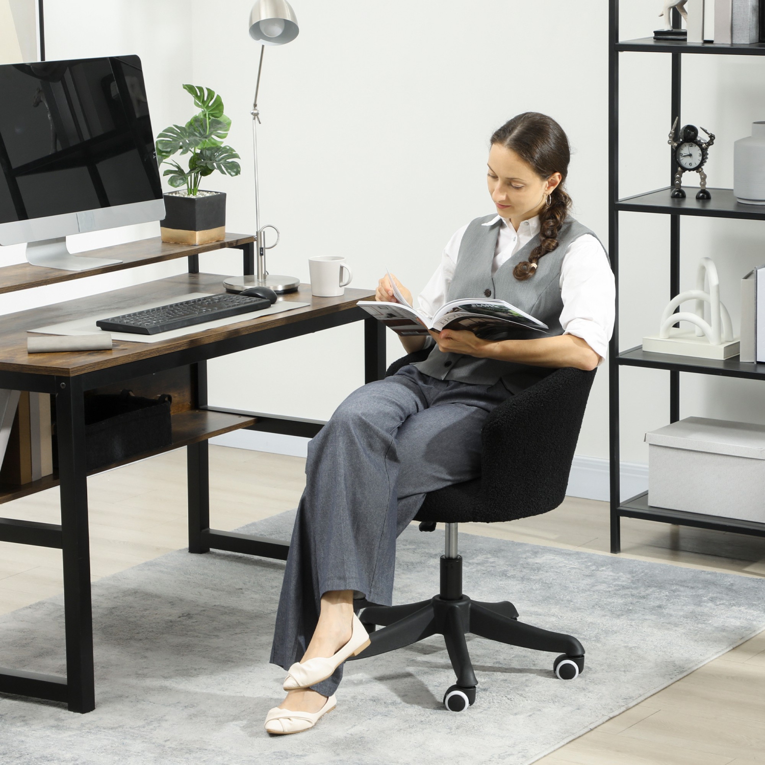 Vinsetto Armless Office Chair, Fluffy Computer Desk Chair with Adjustable Height, Swivel Wheels, Mid Back, Black