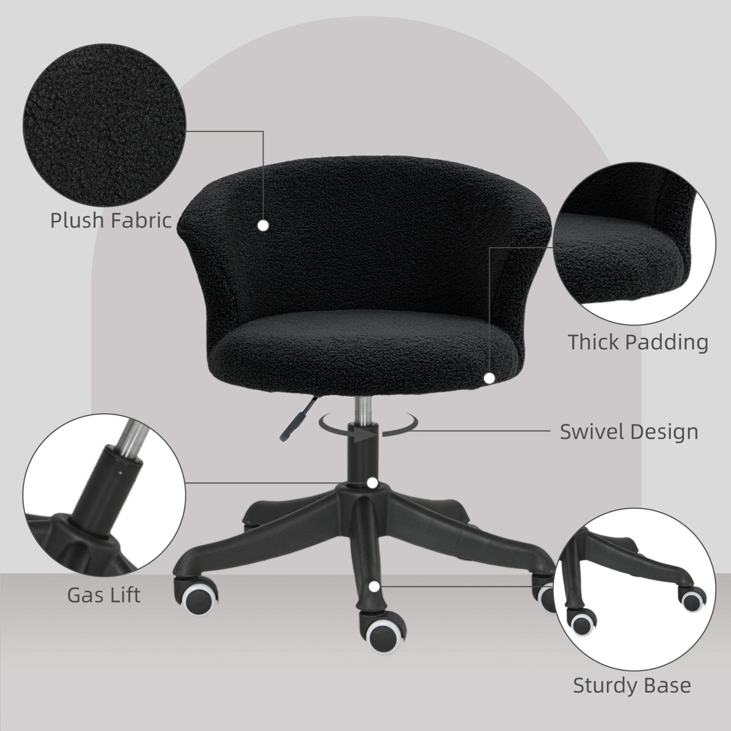 Vinsetto Armless Office Chair, Fluffy Computer Desk Chair with Adjustable Height, Swivel Wheels, Mid Back, Black