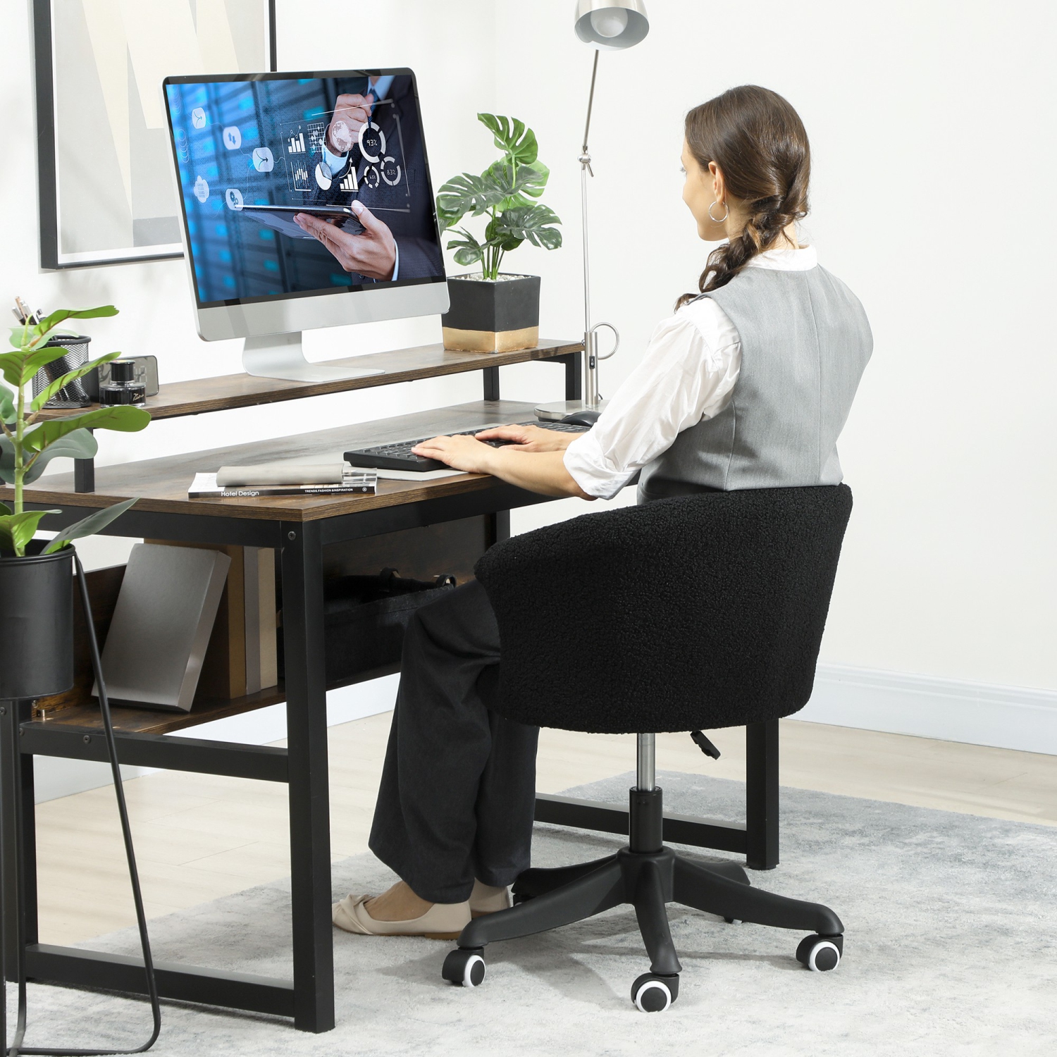 Vinsetto Armless Office Chair, Fluffy Computer Desk Chair with Adjustable Height, Swivel Wheels, Mid Back, Black