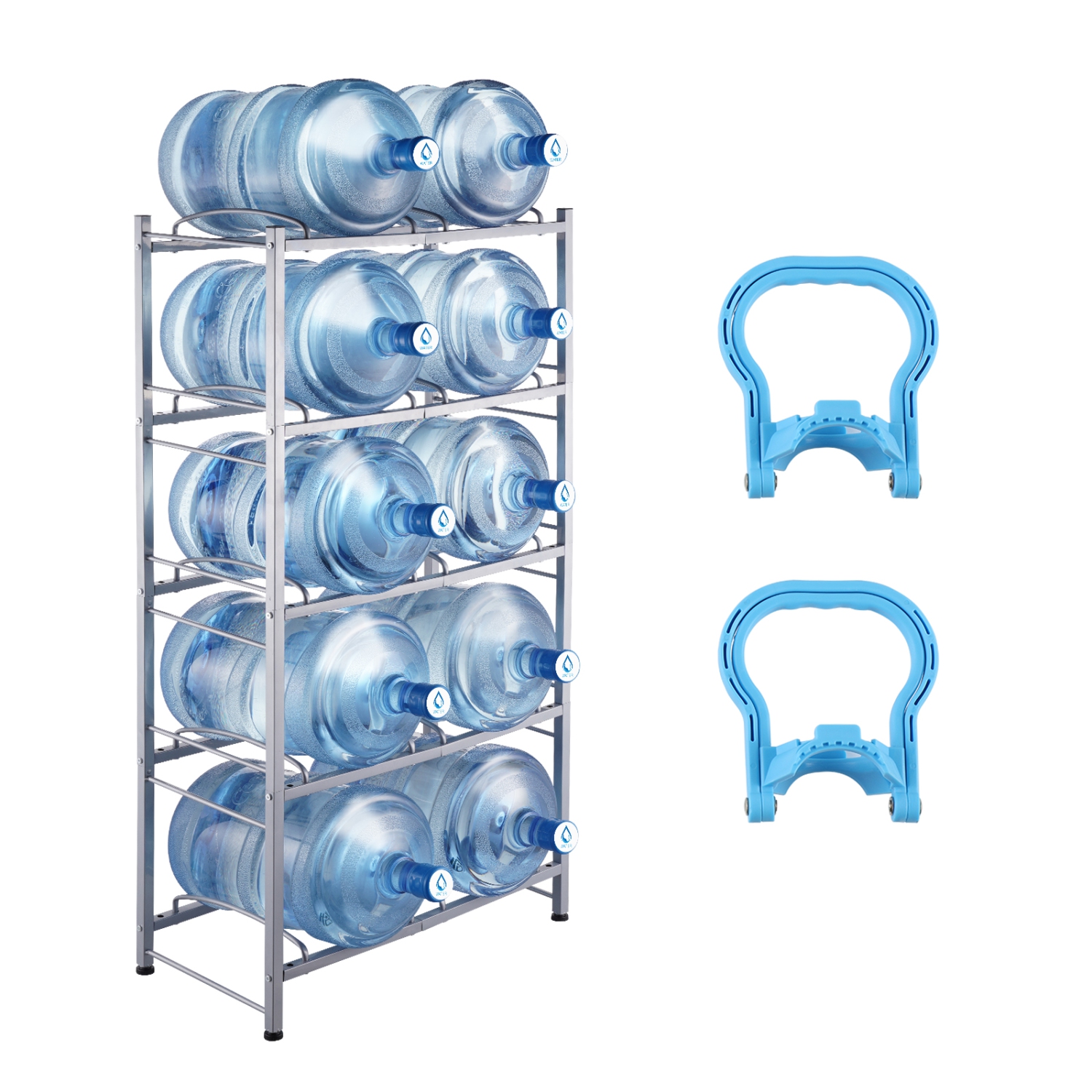VEVOR 5 Tiers Water Jug Holder, 5 Gallon Water Bottle Holder, Double Row Water Bottle Rack for 10 Bottles, Heavy Duty Water Jug Rack for Kitchen,