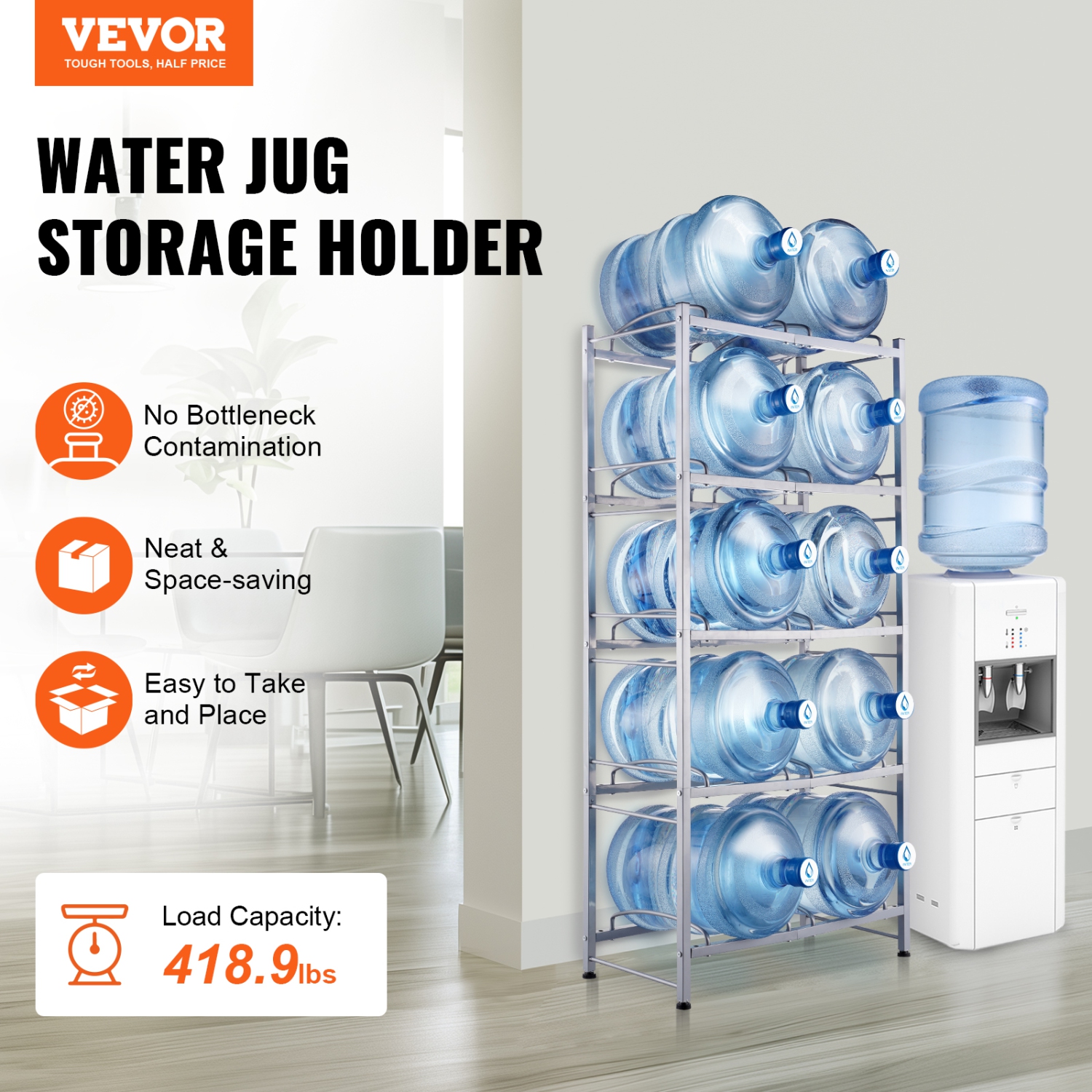VEVOR 5 Tiers Water Jug Holder, 5 Gallon Water Bottle Holder, Double Row Water Bottle Rack for 10 Bottles, Heavy Duty Water Jug Rack for Kitchen,