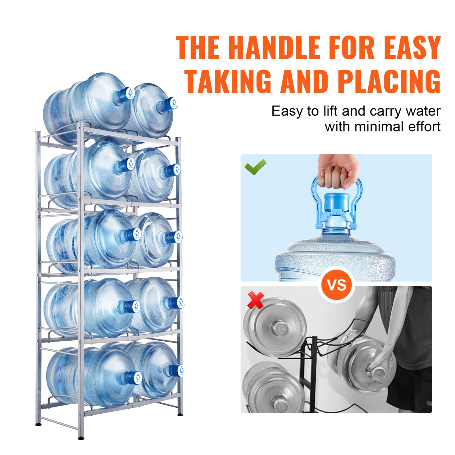 VEVOR 5 Tiers Water Jug Holder, 5 Gallon Water Bottle Holder, Double Row Water Bottle Rack for 10 Bottles, Heavy Duty Water Jug Rack for Kitchen,