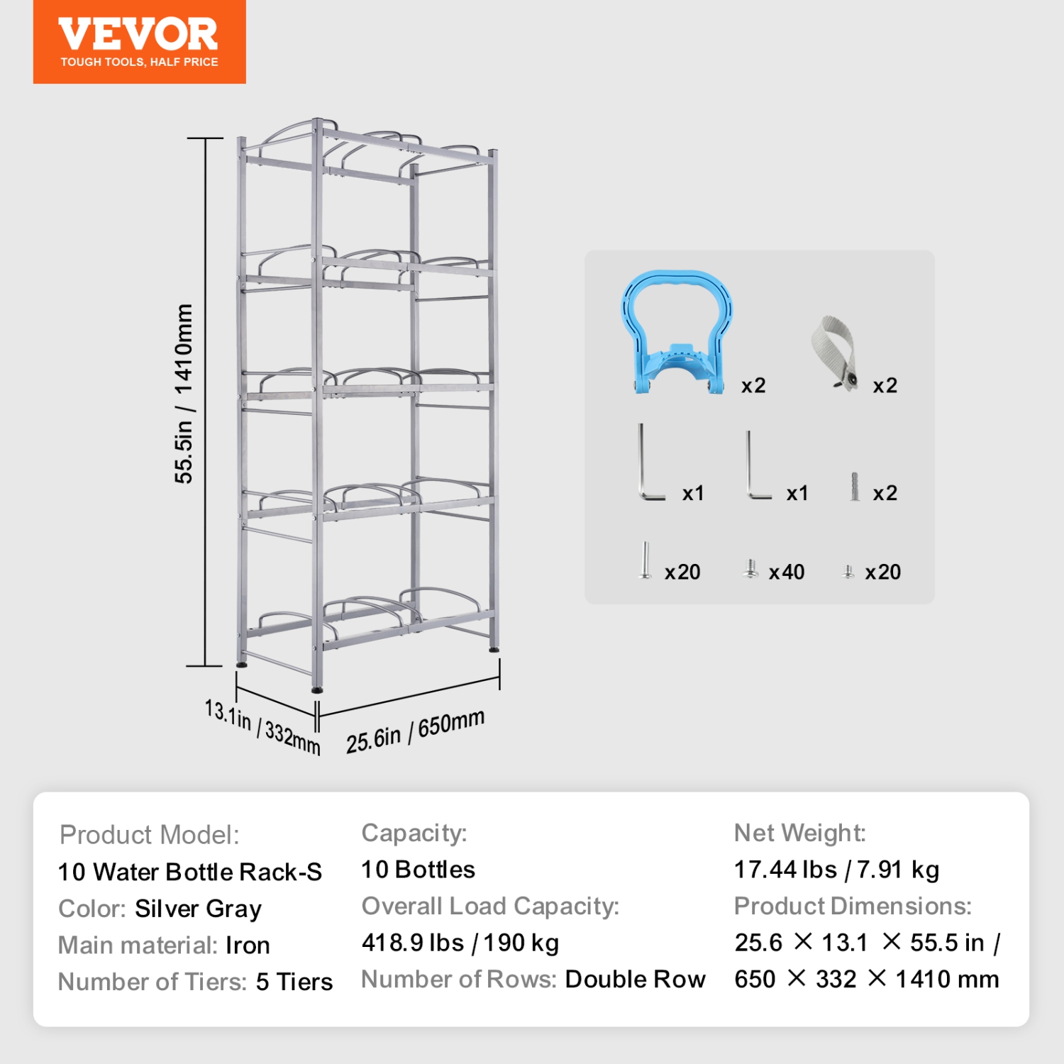 VEVOR 5 Tiers Water Jug Holder, 5 Gallon Water Bottle Holder, Double Row Water Bottle Rack for 10 Bottles, Heavy Duty Water Jug Rack for Kitchen,