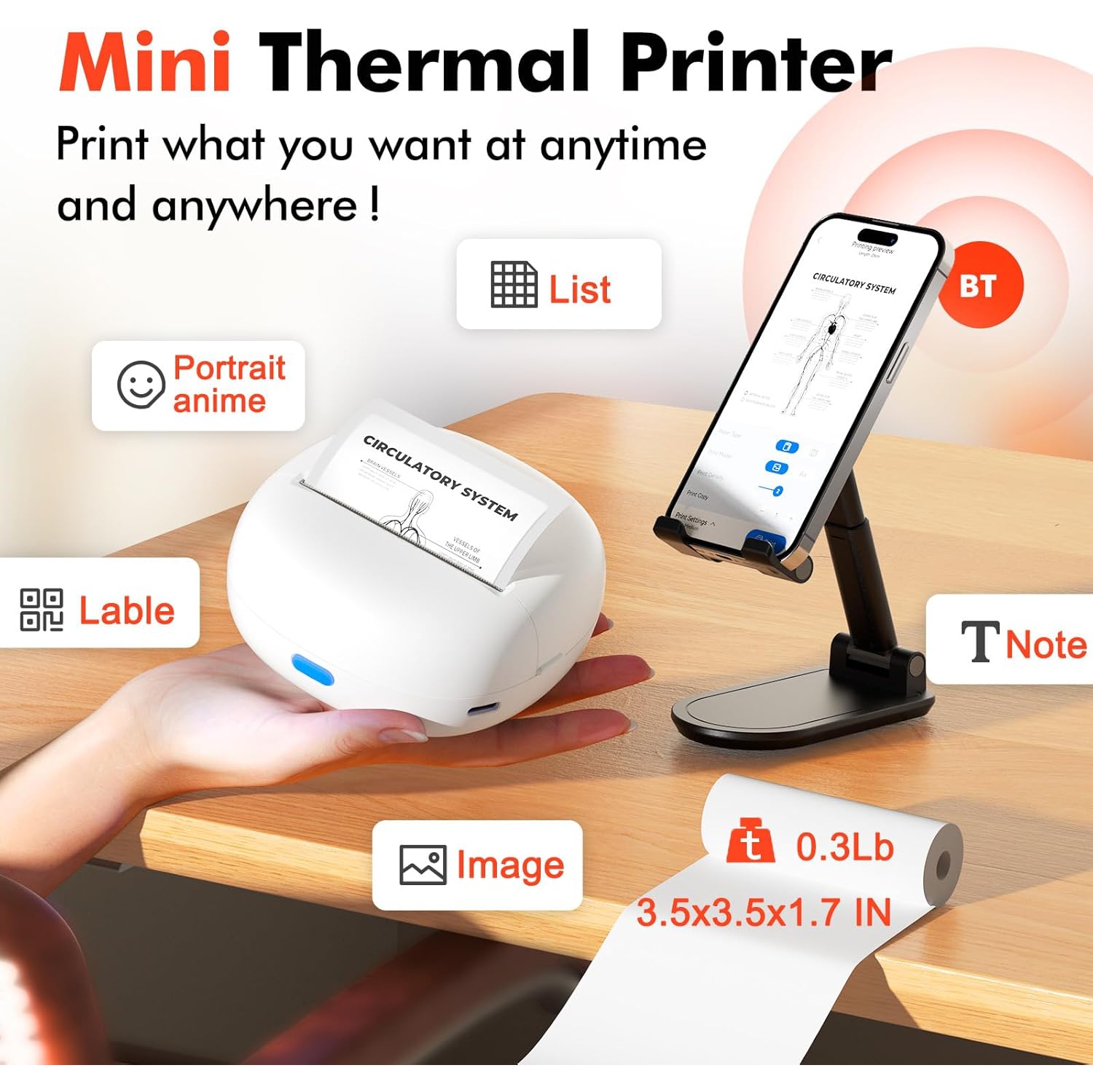HD Printer, Inkless Photo Maker for School Supplies and DIY Projects, Bluetooth Connected Portable Sticker Maker for Labels, Photos and Notes