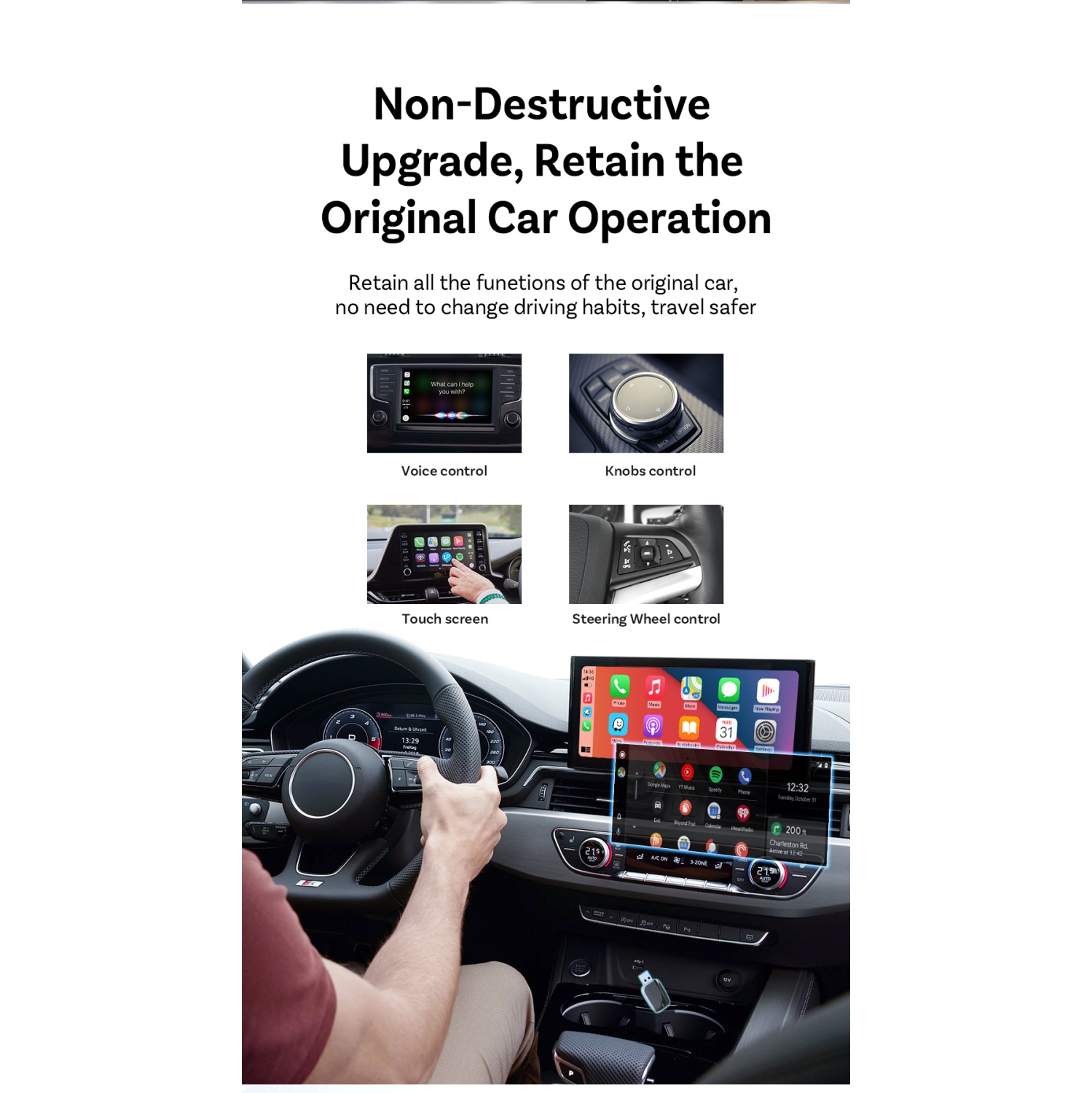 Original car carplay wired to wireless Android auto dual channel USB flash drive, wireless adapter Carplay, for car plug and play