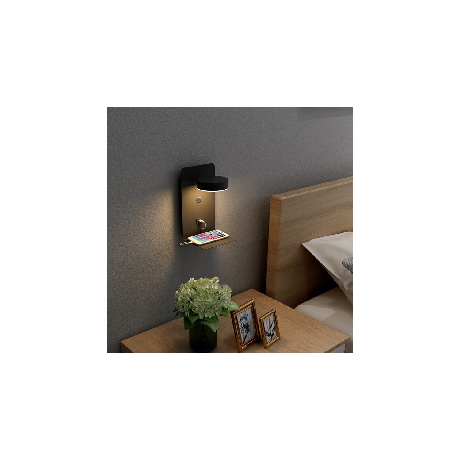 Lampe murale de chambre lampe de chevet, lecture LED lampe sans câblage, USB téléphone mobile température de couleur variable, tête de lampe rotative