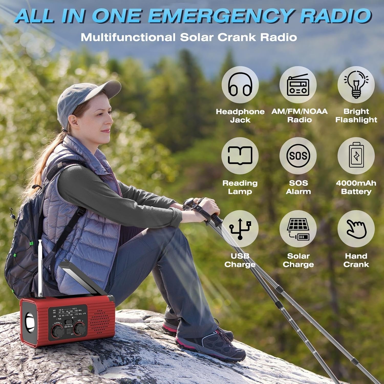 Solar hand-crank emergency radio, mobile phone power bank + LED light, FMAM radio, outdoor camping equipment