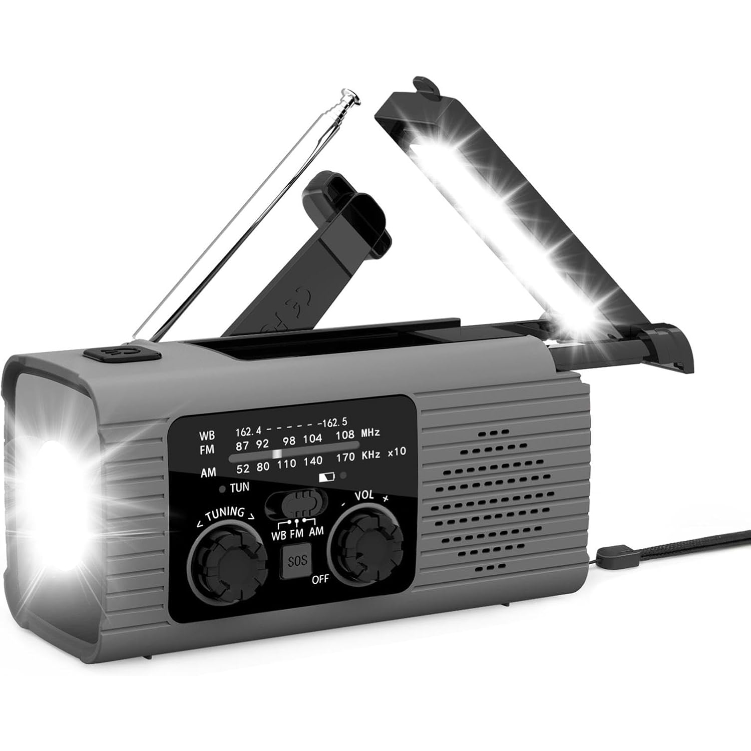 Solar hand-crank emergency radio, mobile phone power bank + LED light, FMAM radio, outdoor camping equipment