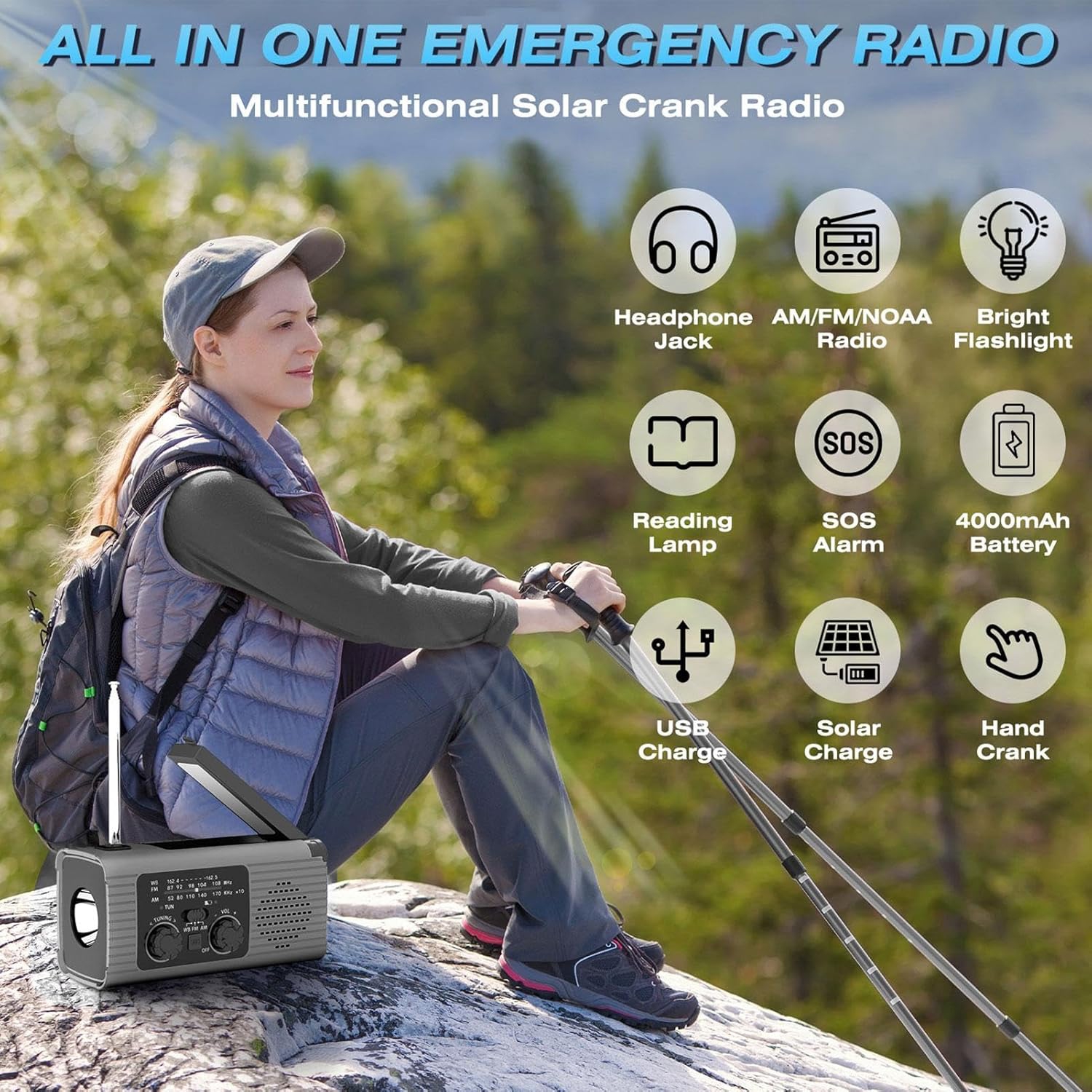 Solar hand-crank emergency radio, mobile phone power bank + LED light, FMAM radio, outdoor camping equipment