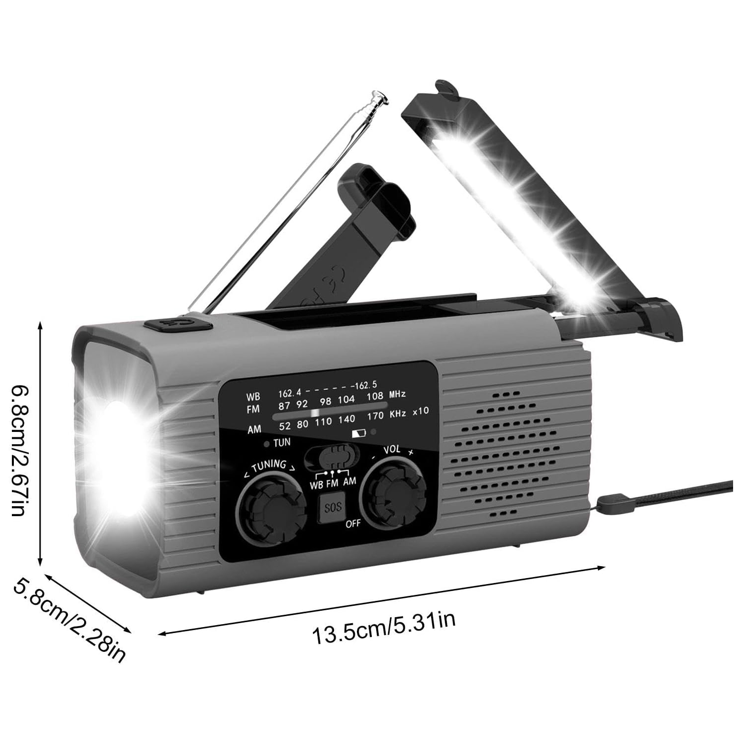 Solar hand-crank emergency radio, mobile phone power bank + LED light, FMAM radio, outdoor camping equipment