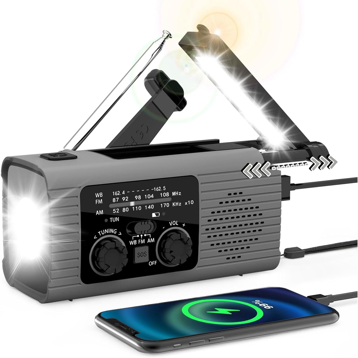 Solar hand-crank emergency radio, mobile phone power bank + LED light, FMAM radio, outdoor camping equipment