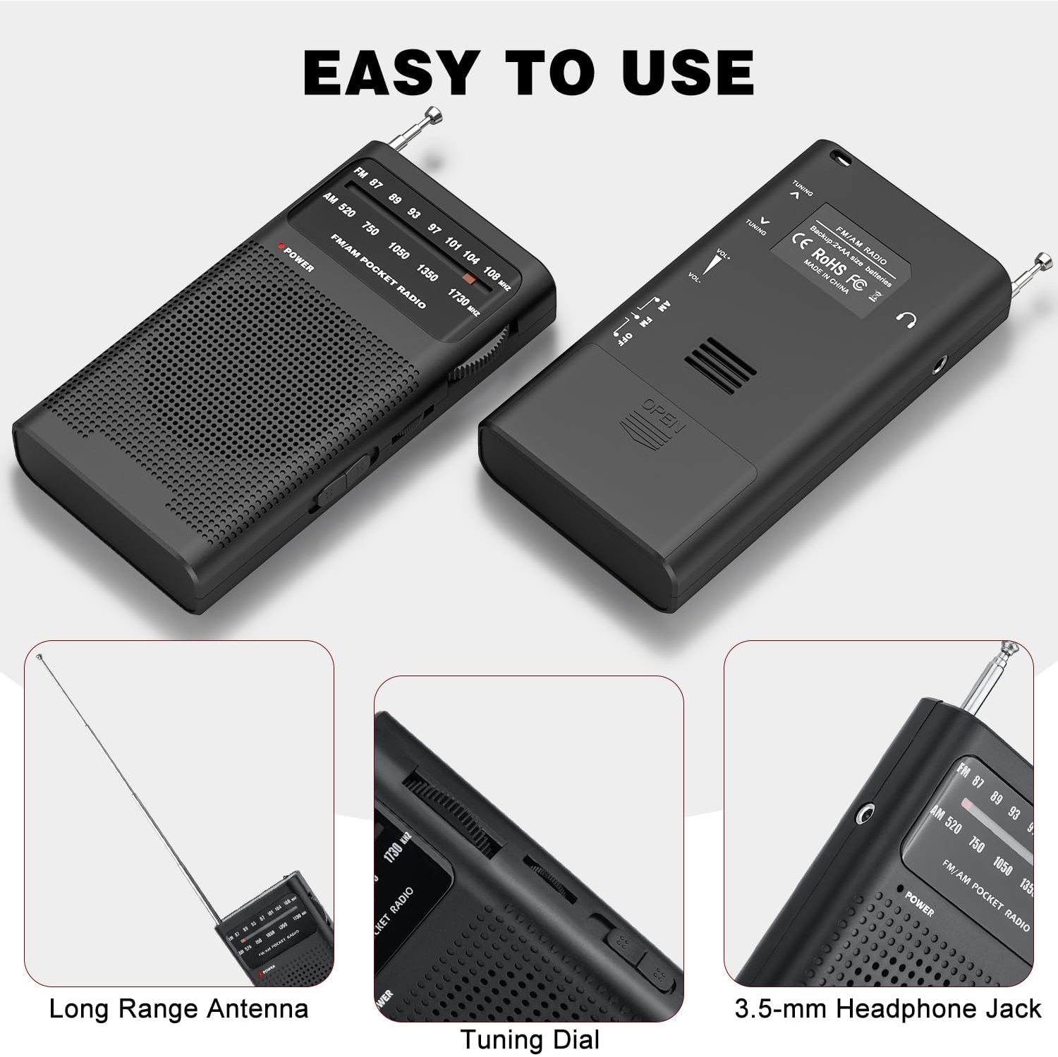 Seniors Full Band Radio Portable FM/AM Radio Mini Pocket Radio Pointer Knob Operated Radio with Speaker and Headphone Jack