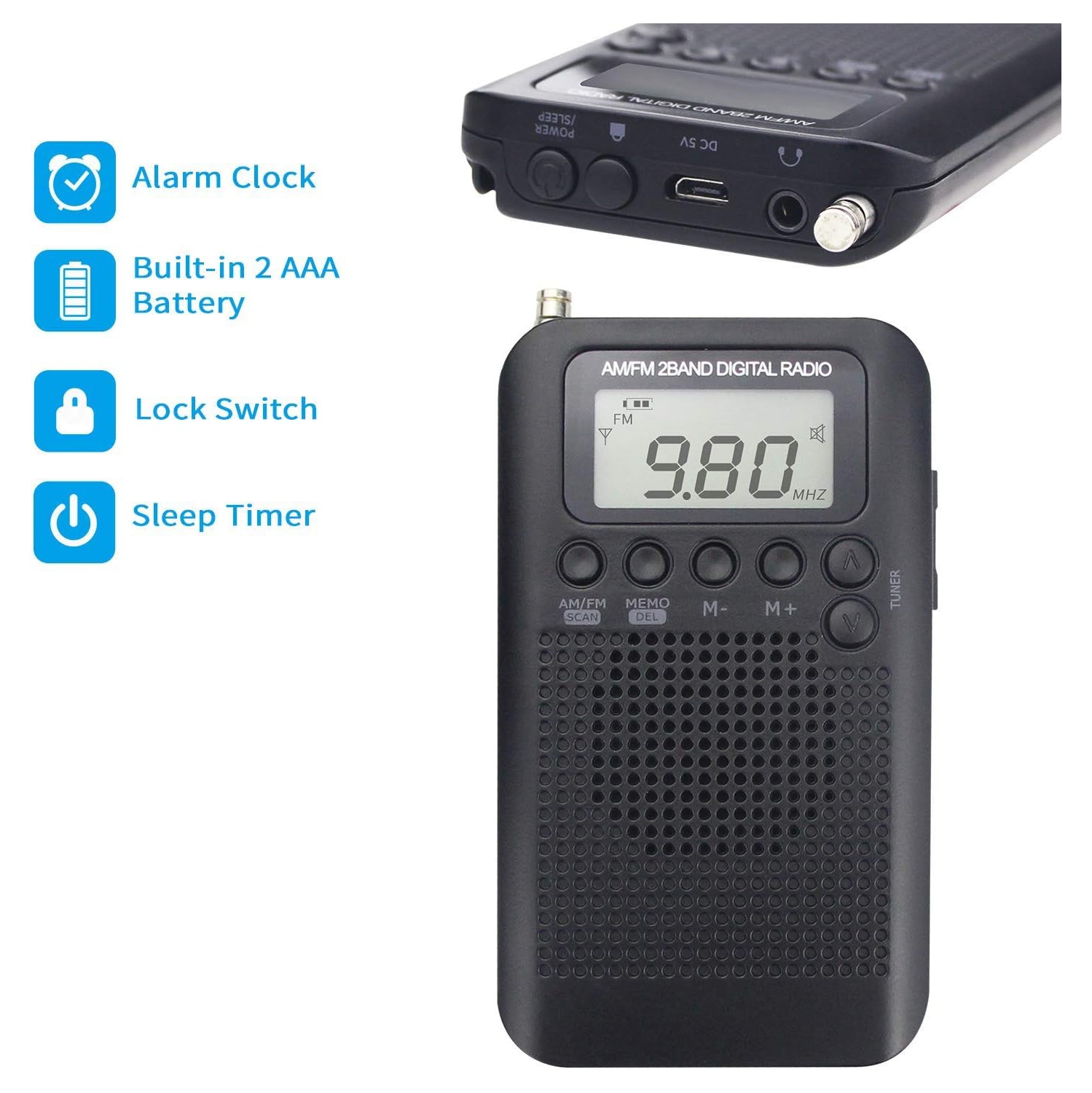 AM portatif Radio FM de poche, mini radio stéréo personnelle avec syntonisation numérique, écouteurs, alarme et minuterie, idéal pour la marche, la