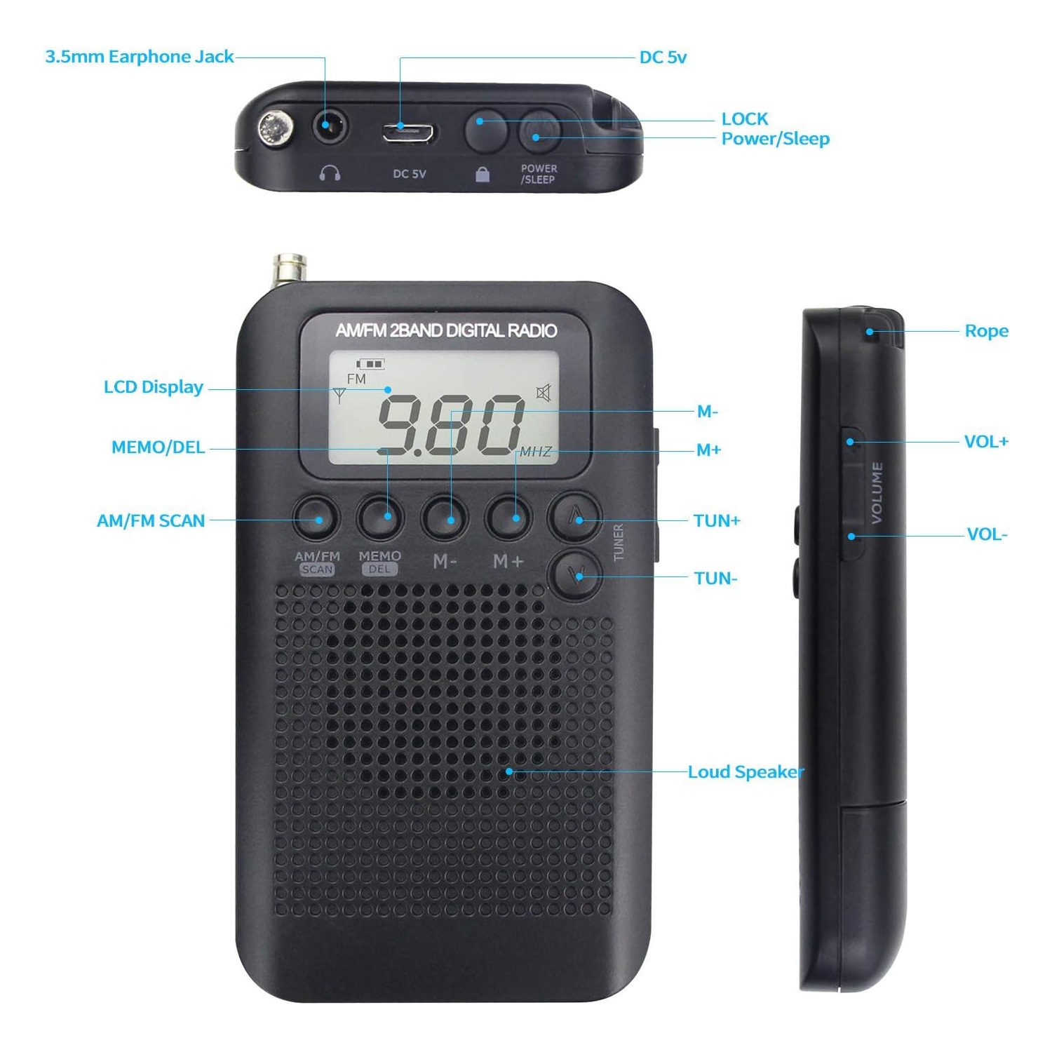 AM portatif Radio FM de poche, mini radio stéréo personnelle avec syntonisation numérique, écouteurs, alarme et minuterie, idéal pour la marche, la