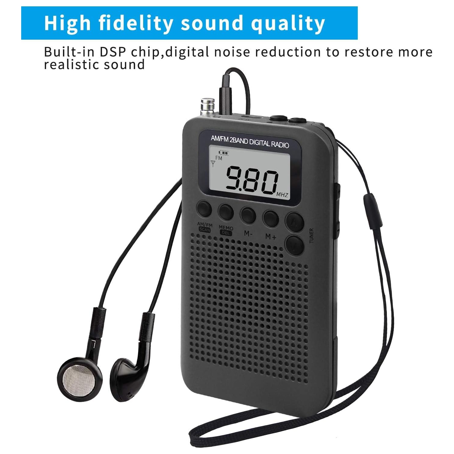 AM portatif Radio FM de poche, mini radio stéréo personnelle avec syntonisation numérique, écouteurs, alarme et minuterie, idéal pour la marche, la