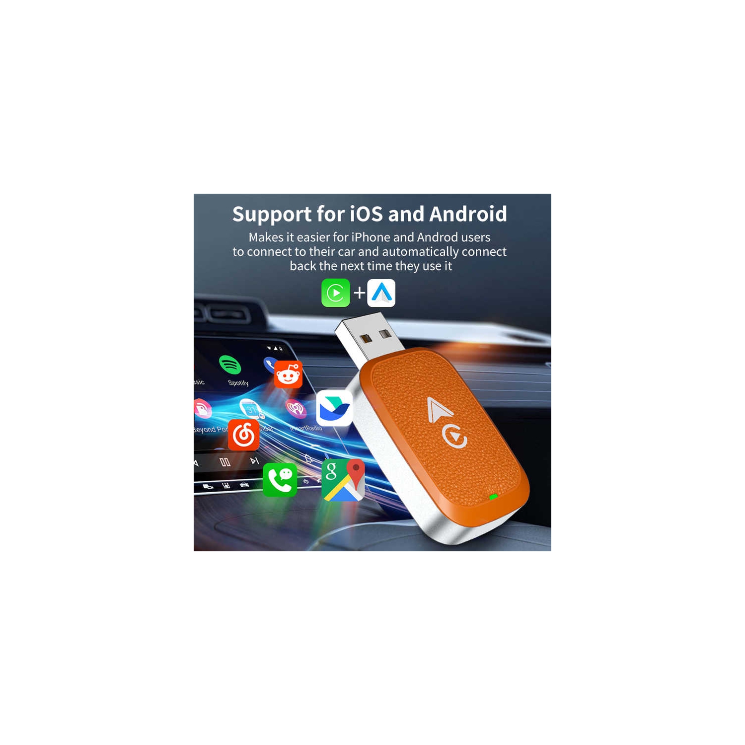 Carte réseau sans fil 2-en-1 Adaptateur CarPlay avec fil vers sans fil pour Apple CarPlay Adaptateur sans fil voiture Android - Orange ambre