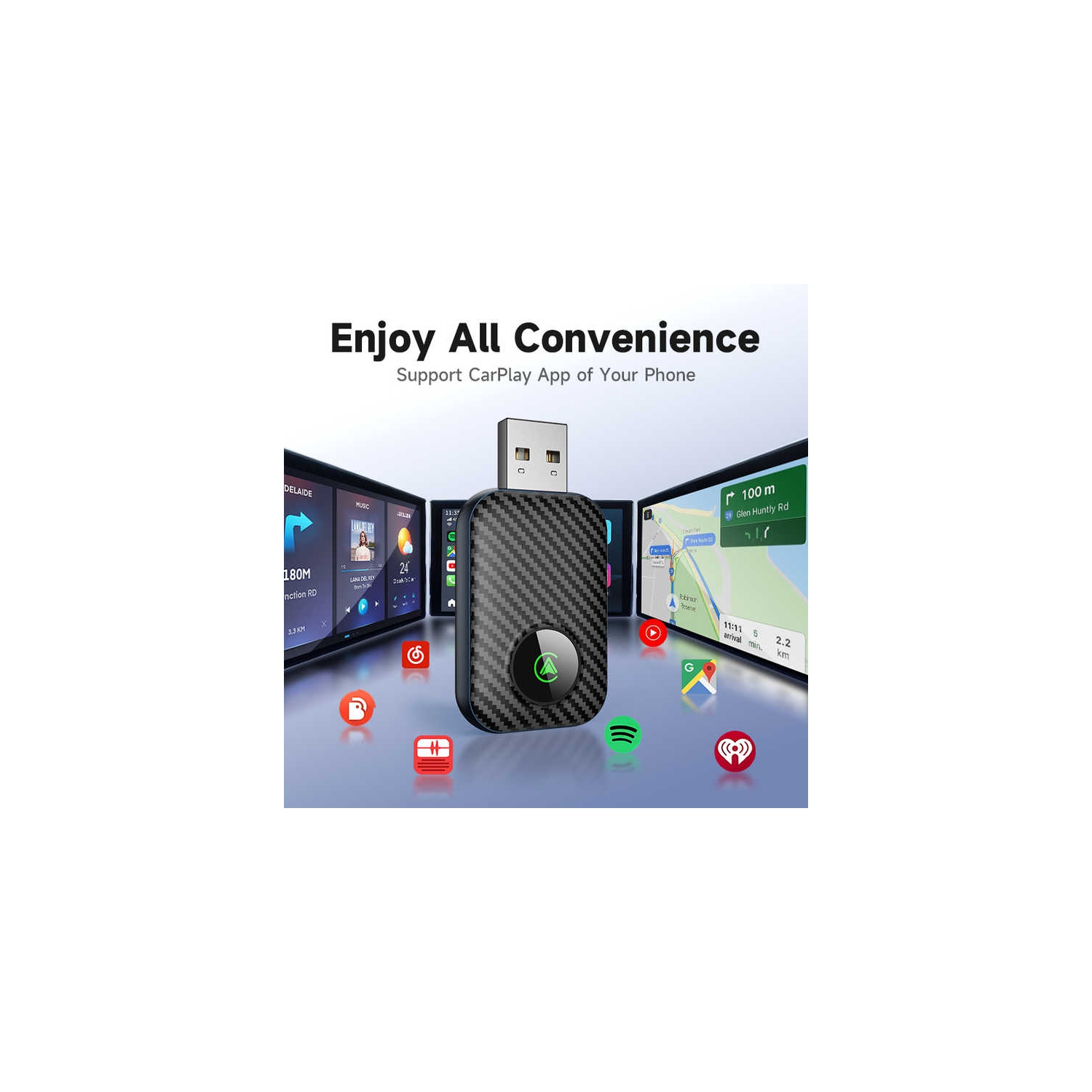 Carte réseau sans fil 2-en-1 Adaptateur CarPlay avec fil vers sans fil pour Apple CarPlay Adaptateur sans fil pour voiture Android - Fibre de carbone