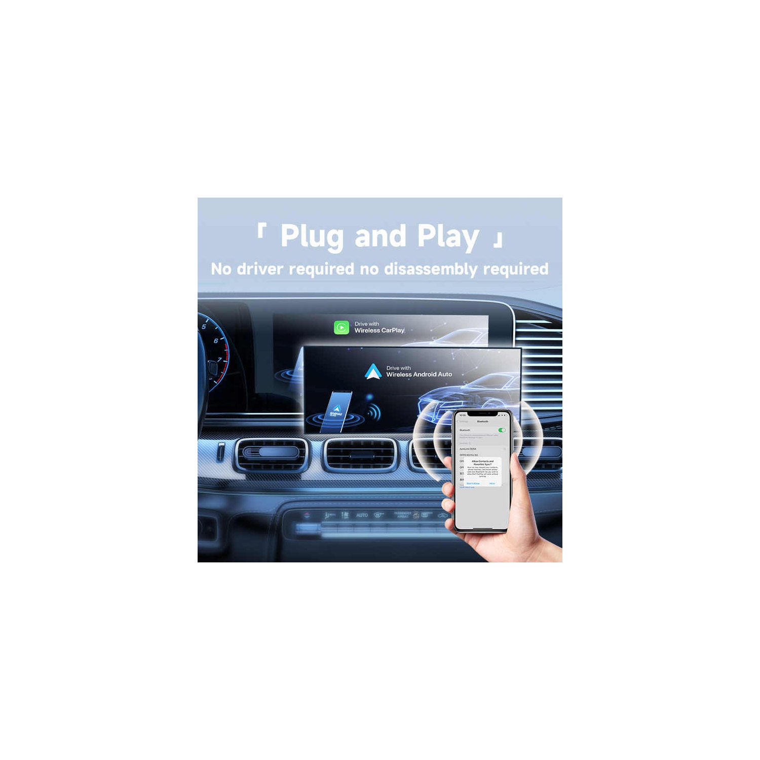 Carte réseau sans fil 2-en-1 Adaptateur CarPlay avec fil vers sans fil pour Apple CarPlay Adaptateur sans fil pour voiture Android - Brillant