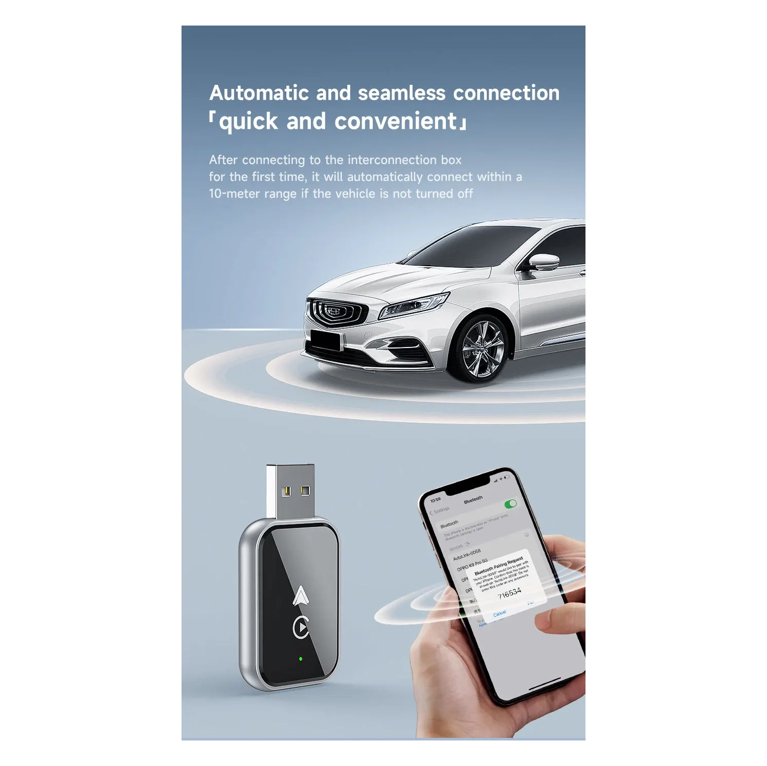 Carte réseau sans fil 2-en-1 Adaptateur CarPlay avec fil vers sans fil pour Apple CarPlay Adaptateur sans fil pour voiture Android - Brillant