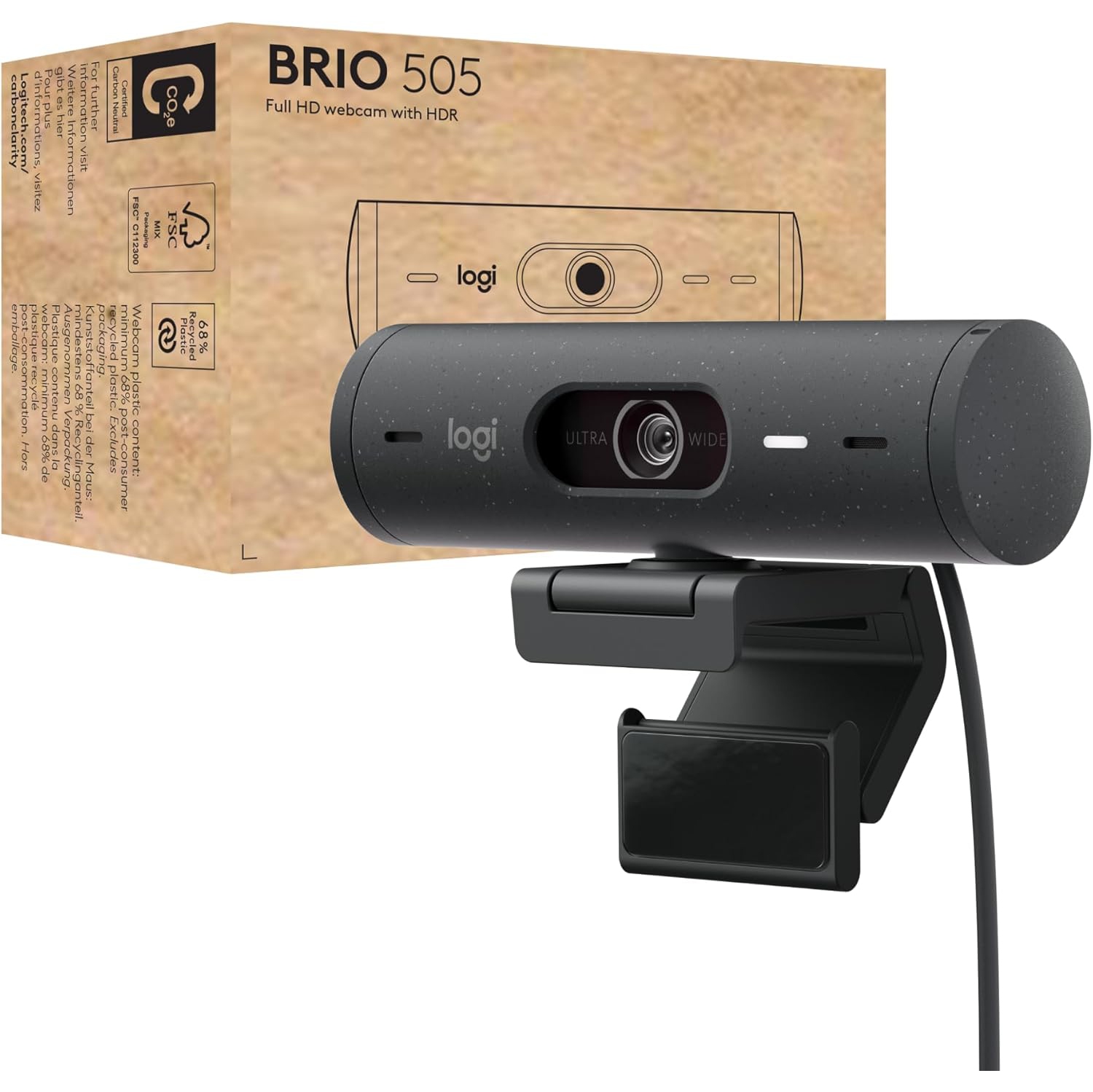Caméra Web HD intégrale Brio 505 de Logitech avec correction automatique de la lumière, cadrage automatique, mode Show, deux microphones à réduction