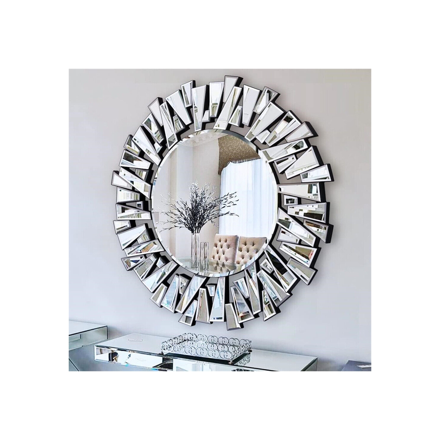 32 Inch Round Wall Mirror for Decor, Large Decorative Mirror with 3D Beveled Glass Frame, Modern Frameless Unique Wall Decor for Living Room, Dining