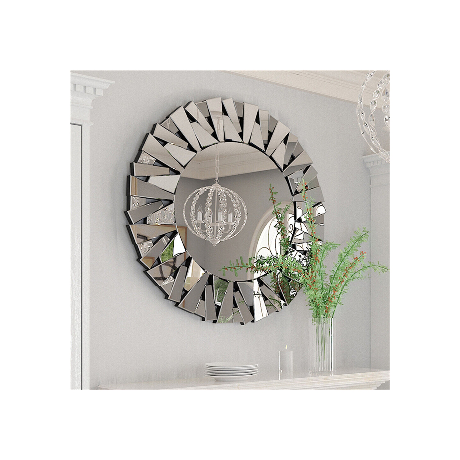 32 Inch Round Wall Mirror for Decor, Large Decorative Mirror with 3D Beveled Glass Frame, Modern Frameless Unique Wall Decor for Living Room, Dining