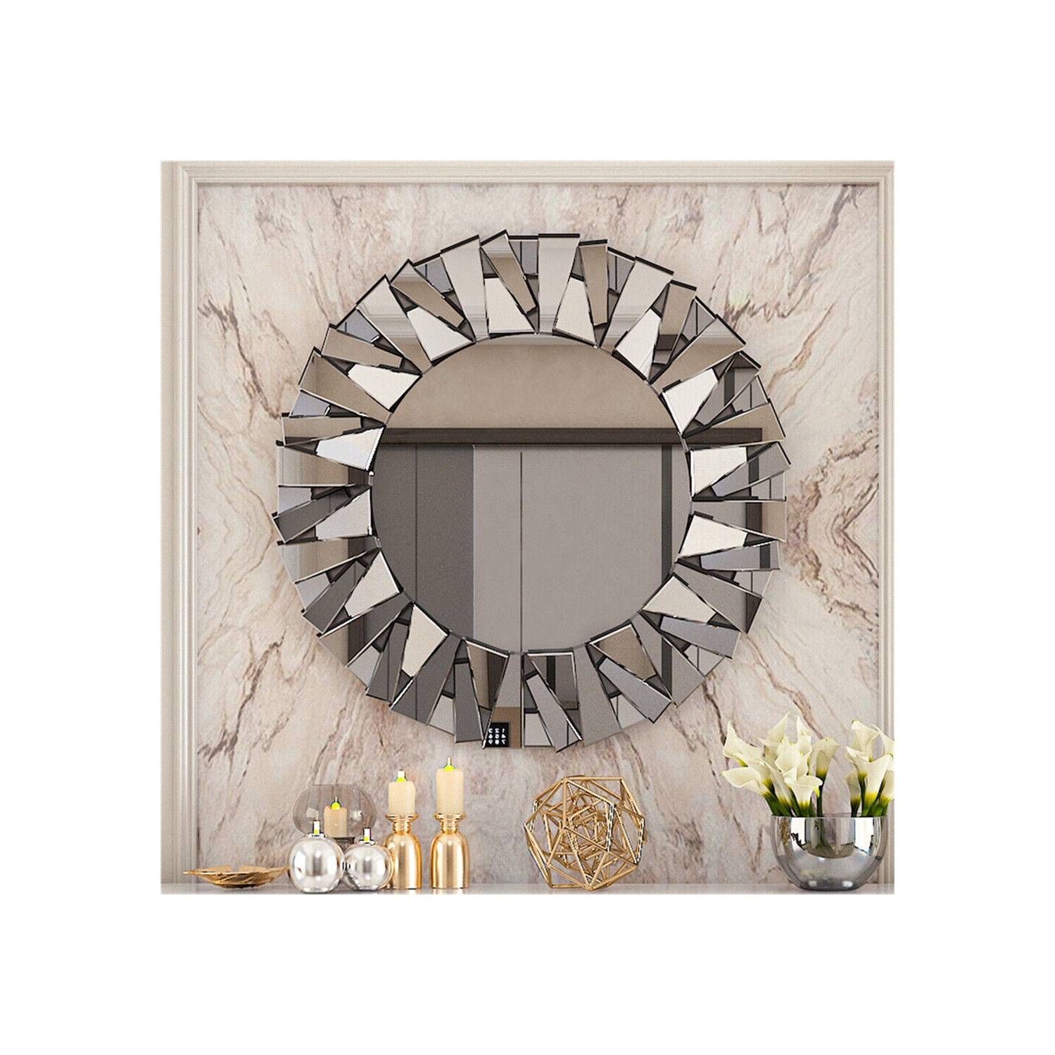 32 Inch Round Wall Mirror for Decor, Large Decorative Mirror with 3D Beveled Glass Frame, Modern Frameless Unique Wall Decor for Living Room, Dining