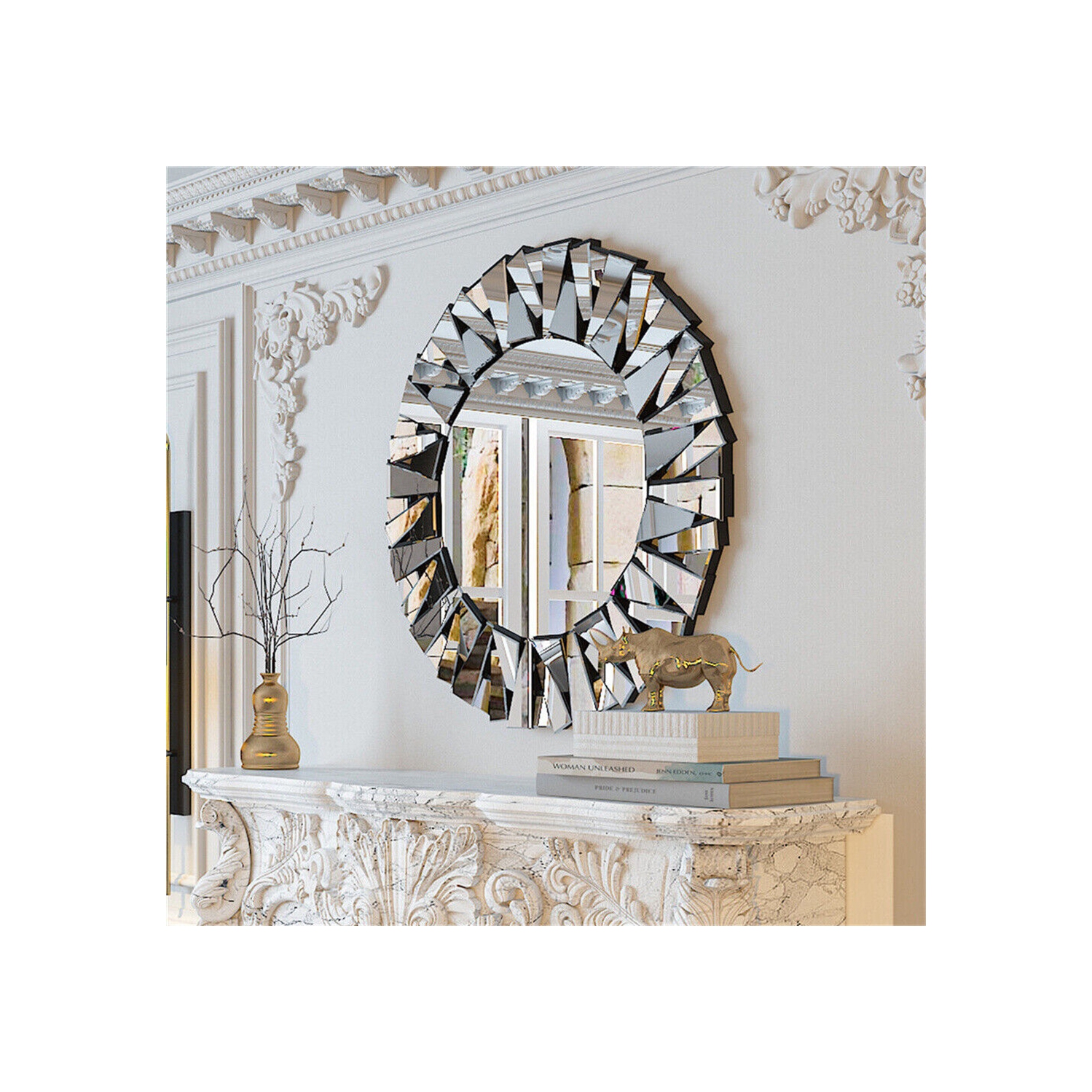 32 Inch Round Wall Mirror for Decor, Large Decorative Mirror with 3D Beveled Glass Frame, Modern Frameless Unique Wall Decor for Living Room, Dining