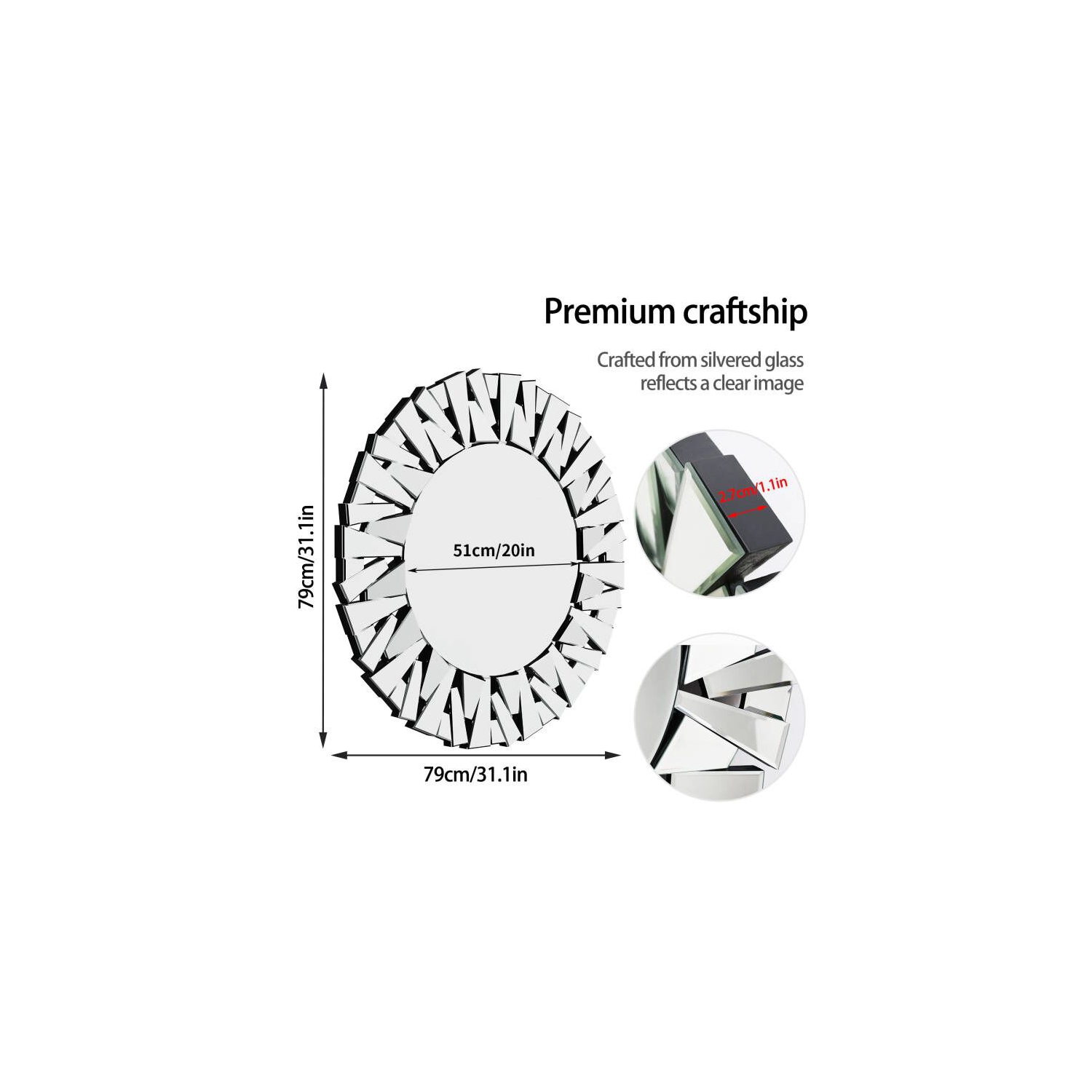 32 Inch Round Wall Mirror for Decor, Large Decorative Mirror with 3D Beveled Glass Frame, Modern Frameless Unique Wall Decor for Living Room, Dining