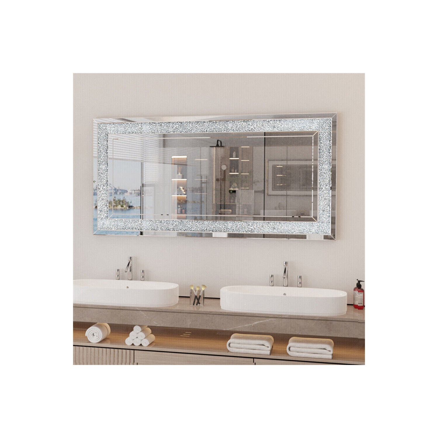 48 x 24 Inch Rectangular Wall Mirror Crystal Crushed Diamond Mirror for Home Decor Accent Mirror for Bathroom, Entryway and Bedroom