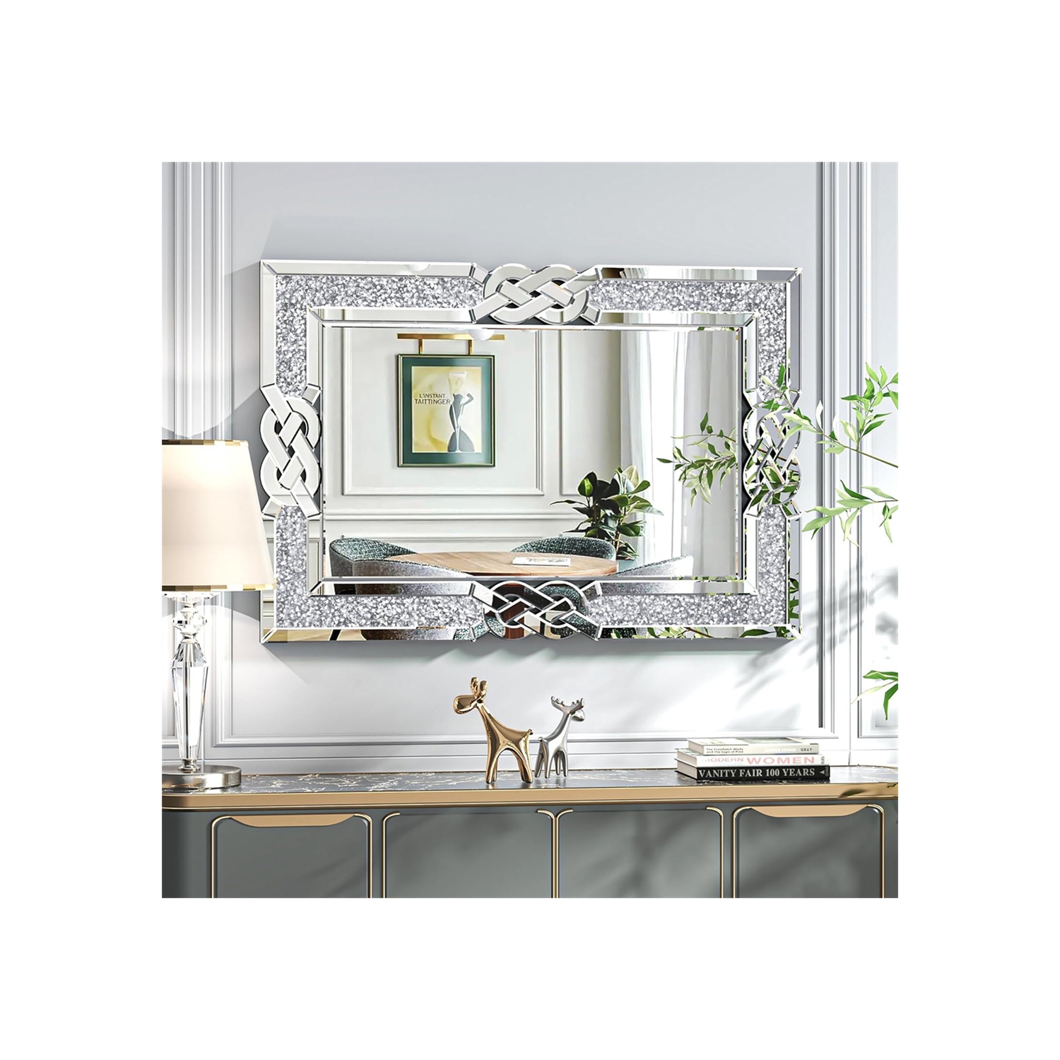 Crushed Diamond Wall Mirror, 36 x 24 Inch Rectangular Glass Silver Vanity with Decorative Glam Bling Crystal Frame Edge, Luxury Home Art Decor for