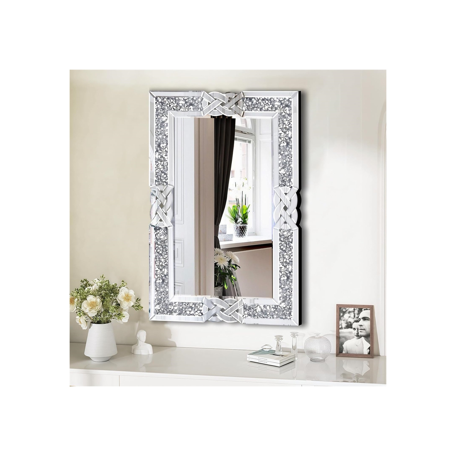 Crushed Diamond Wall Mirror, 36 x 24 Inch Rectangular Glass Silver Vanity with Decorative Glam Bling Crystal Frame Edge, Luxury Home Art Decor for